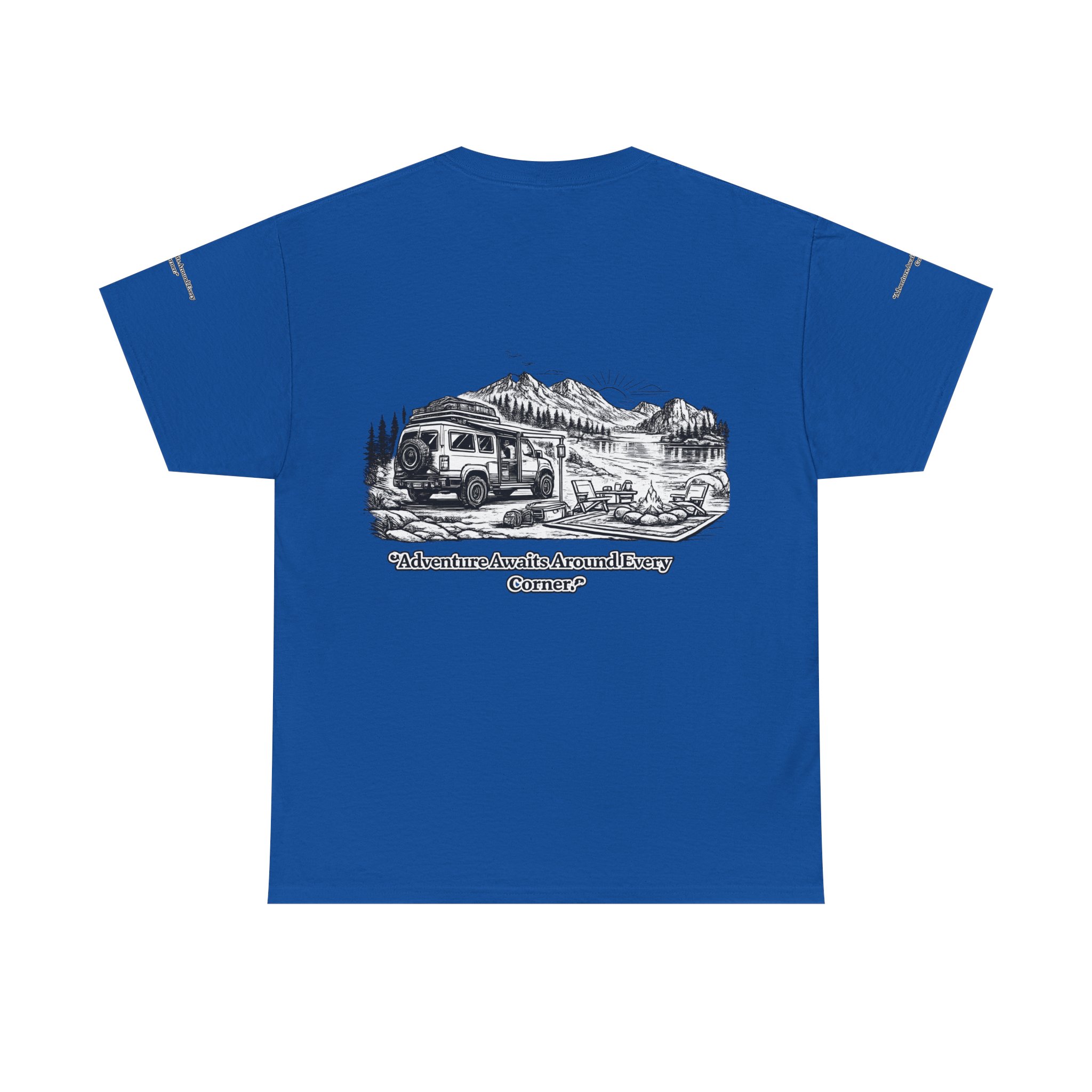 Unisex Heavy Cotton Tee — "Adventure Awaits Around Every Corner" Design Minimal-Line