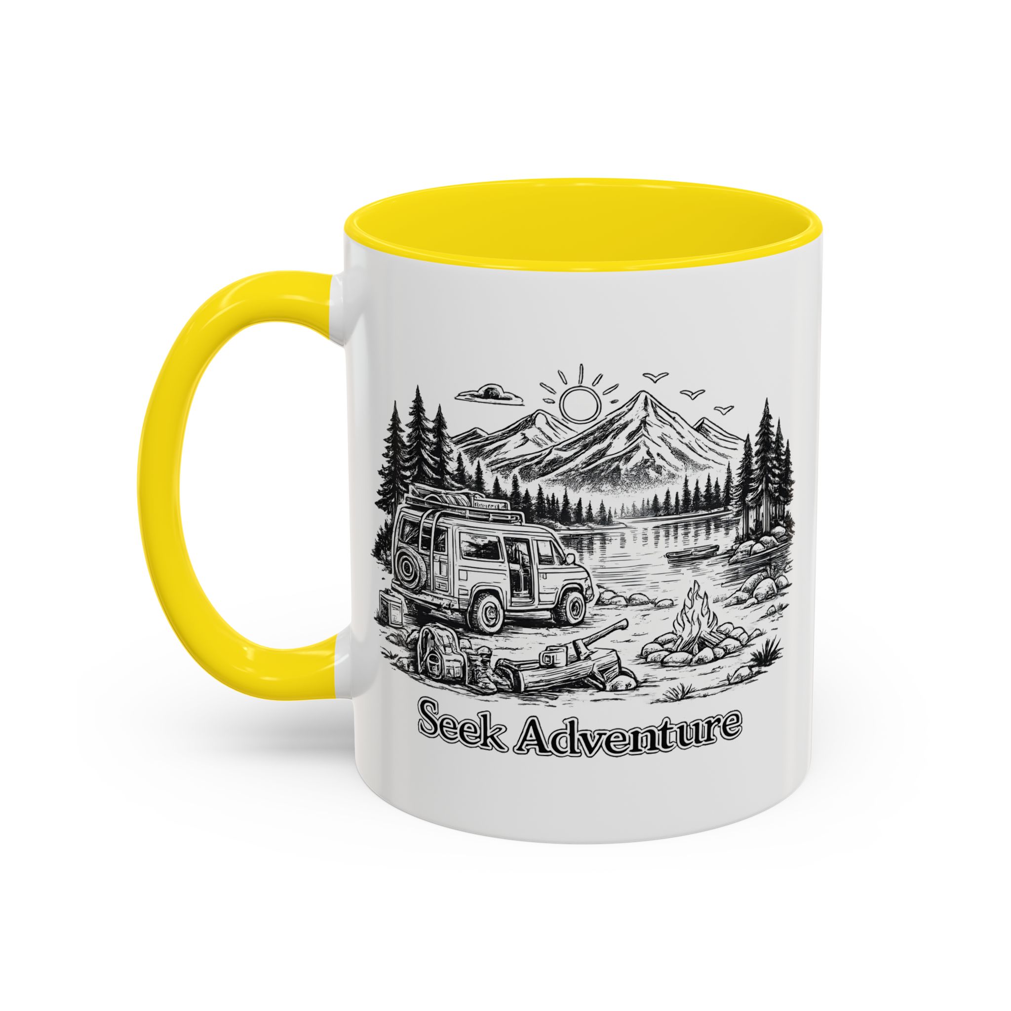 Accent Coffee Mug (11, 15oz) — "Seek Adventure" Design Minimal-Line
