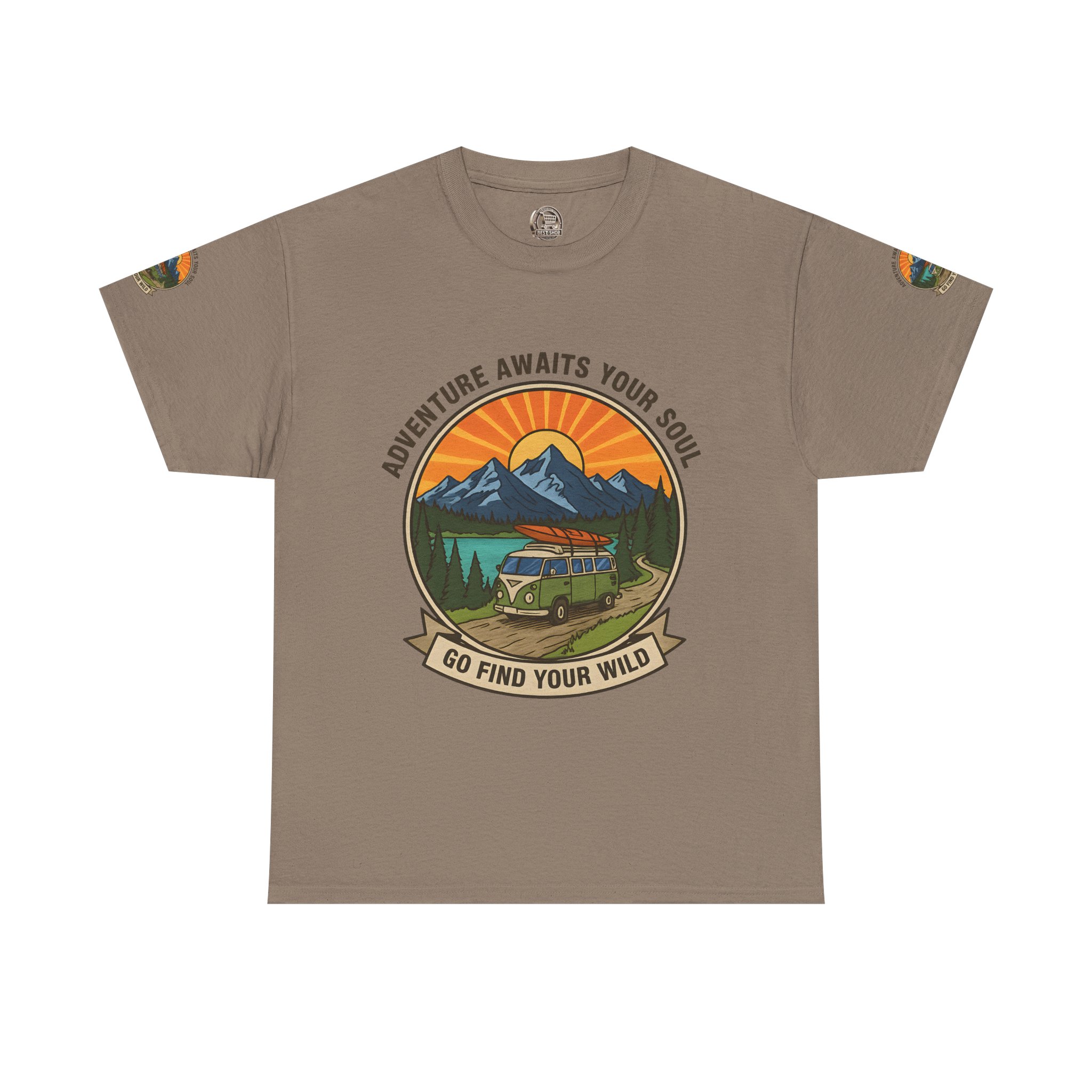 Unisex Heavy Cotton Tee — “Adventure Awaits Your Soul: Go Find Your Wild” Van & Mountain Graphic