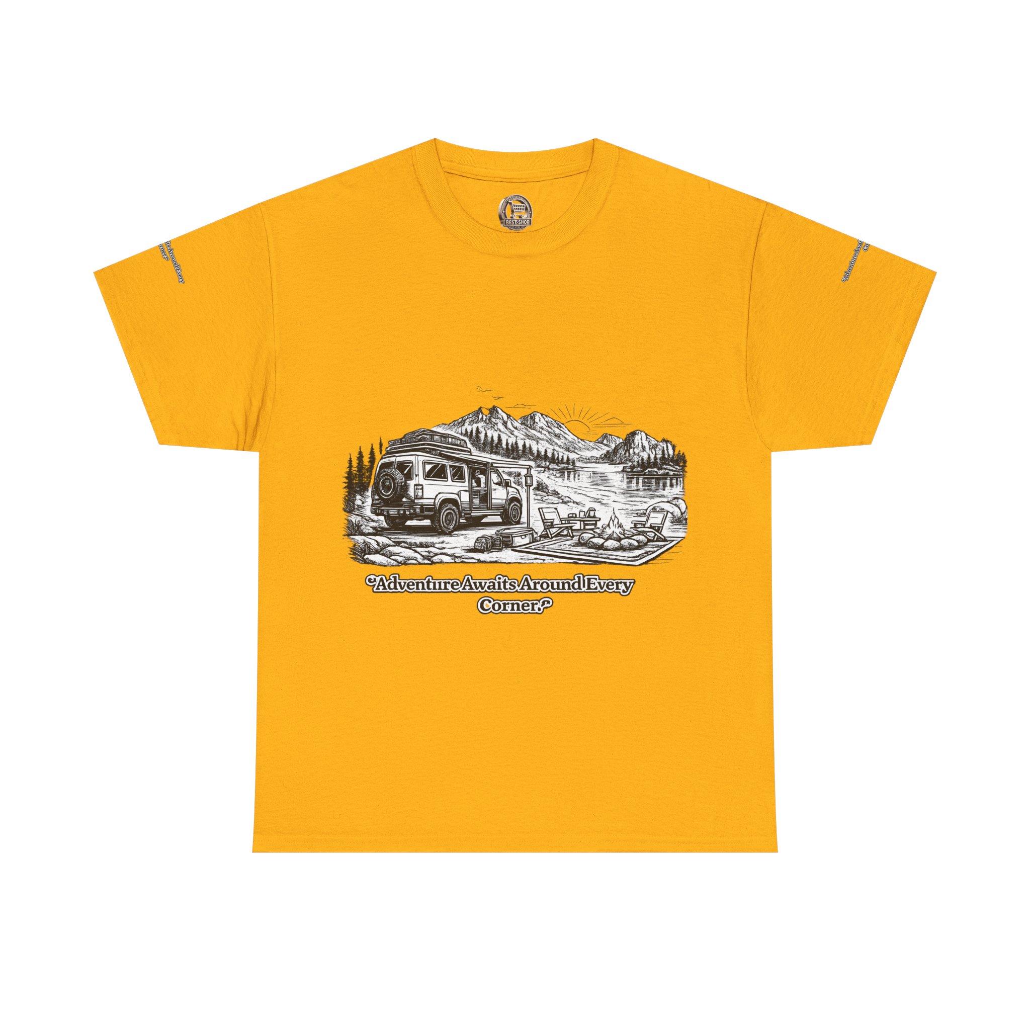 Unisex Heavy Cotton Tee — "Adventure Awaits Around Every Corner" Design Minimal-Line