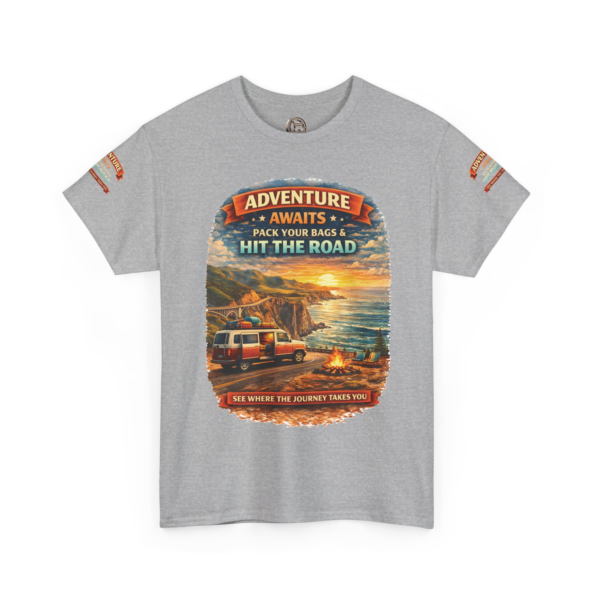 Unisex Heavy Cotton Tee — "Adventure Awaits-Pack Your Bags" Design Scenic-Line