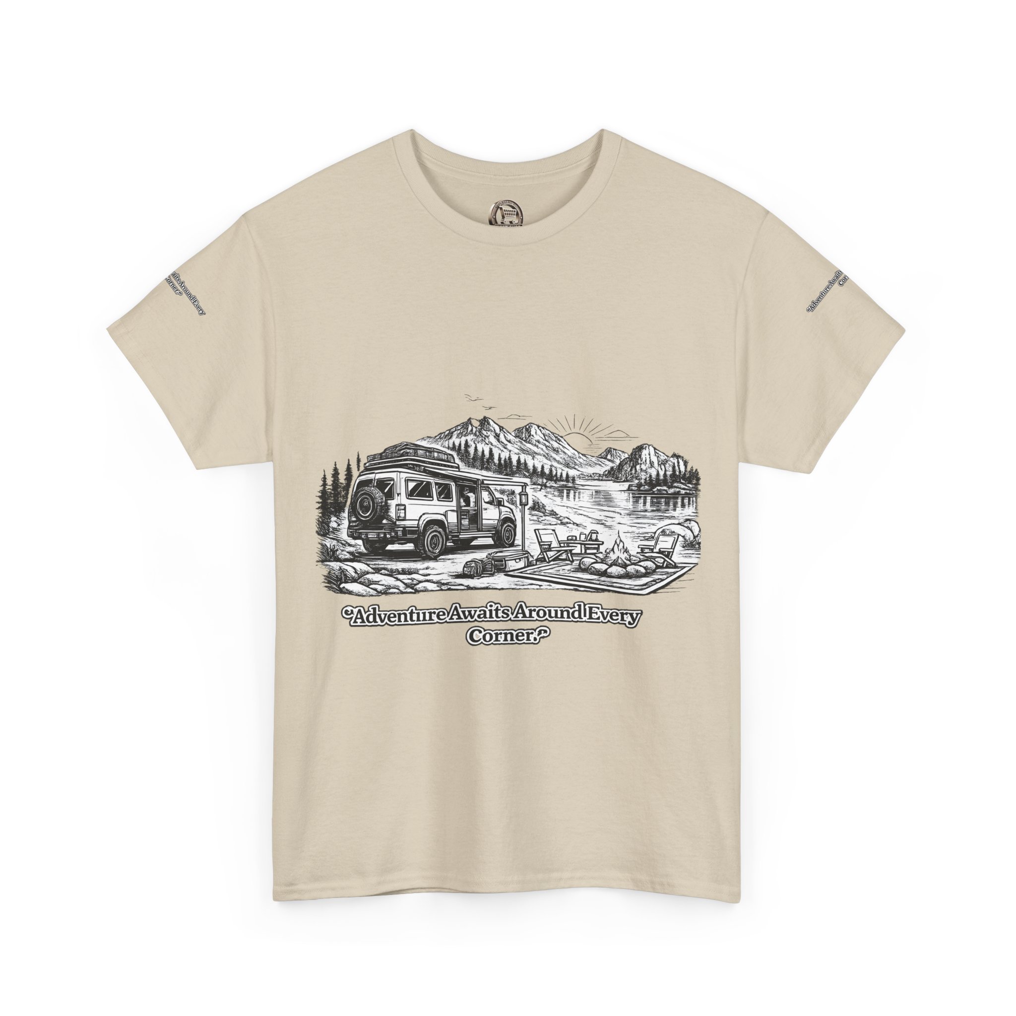 Unisex Heavy Cotton Tee — "Adventure Awaits Around Every Corner" Design Minimal-Line