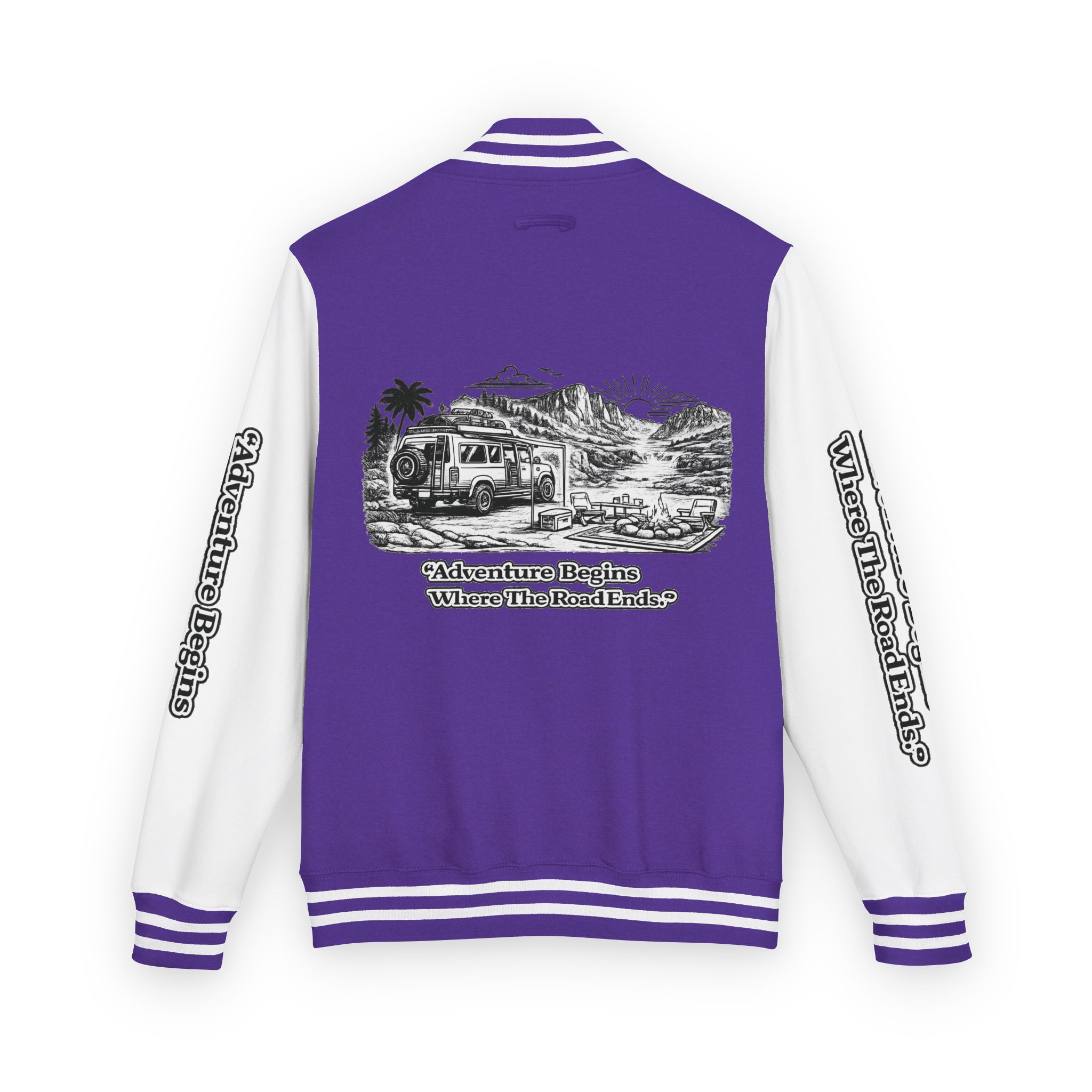 10802062510071636755_2048-1.jpeg Unisex Heavyweight Letterman Jacket — "Adventure Begins Where The Road Ends" Travel Varsity Coat