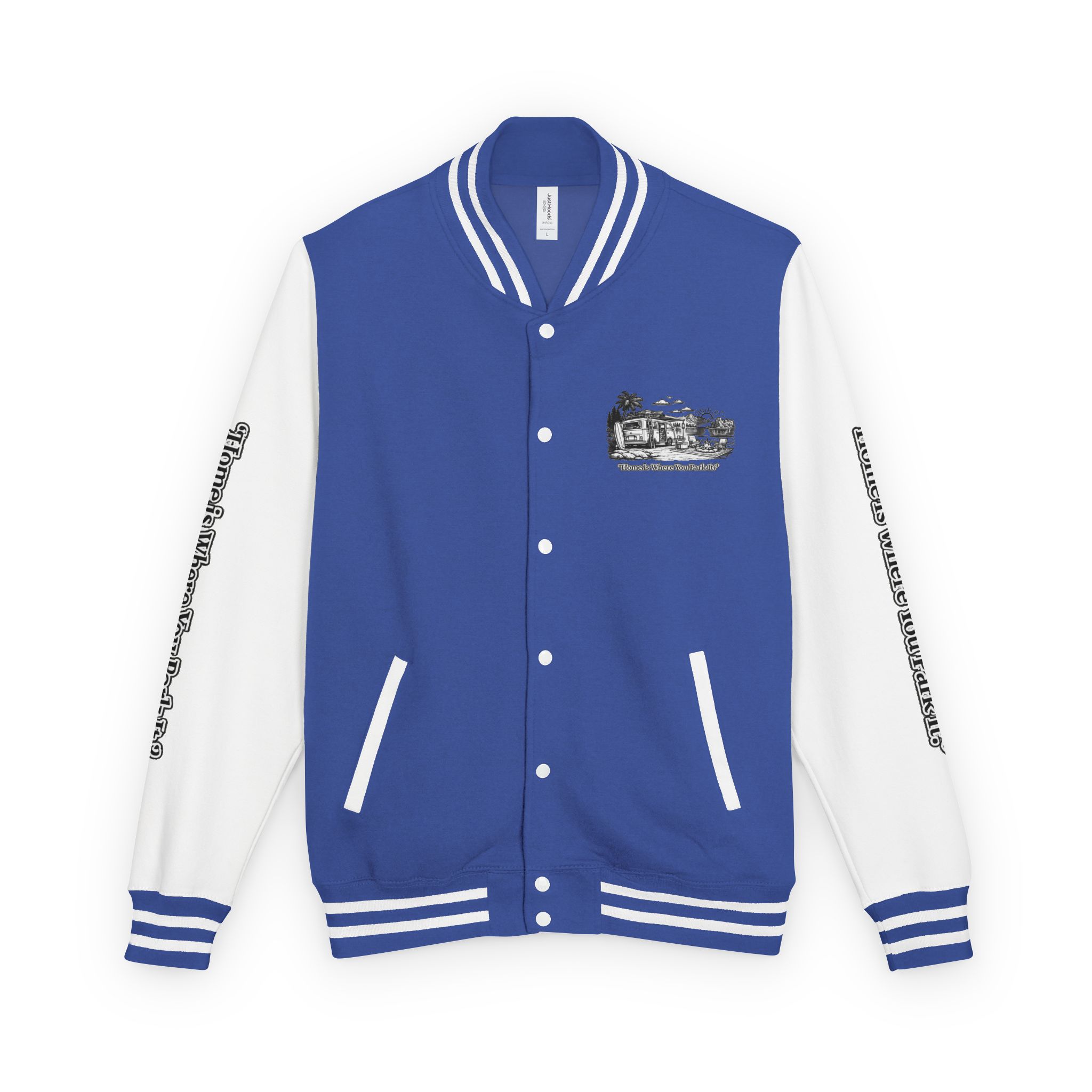 10803981356266730765_2048-1.jpeg Unisex Heavyweight Letterman Jacket — "Home Is Where You Park It" Travel Varsity Coat