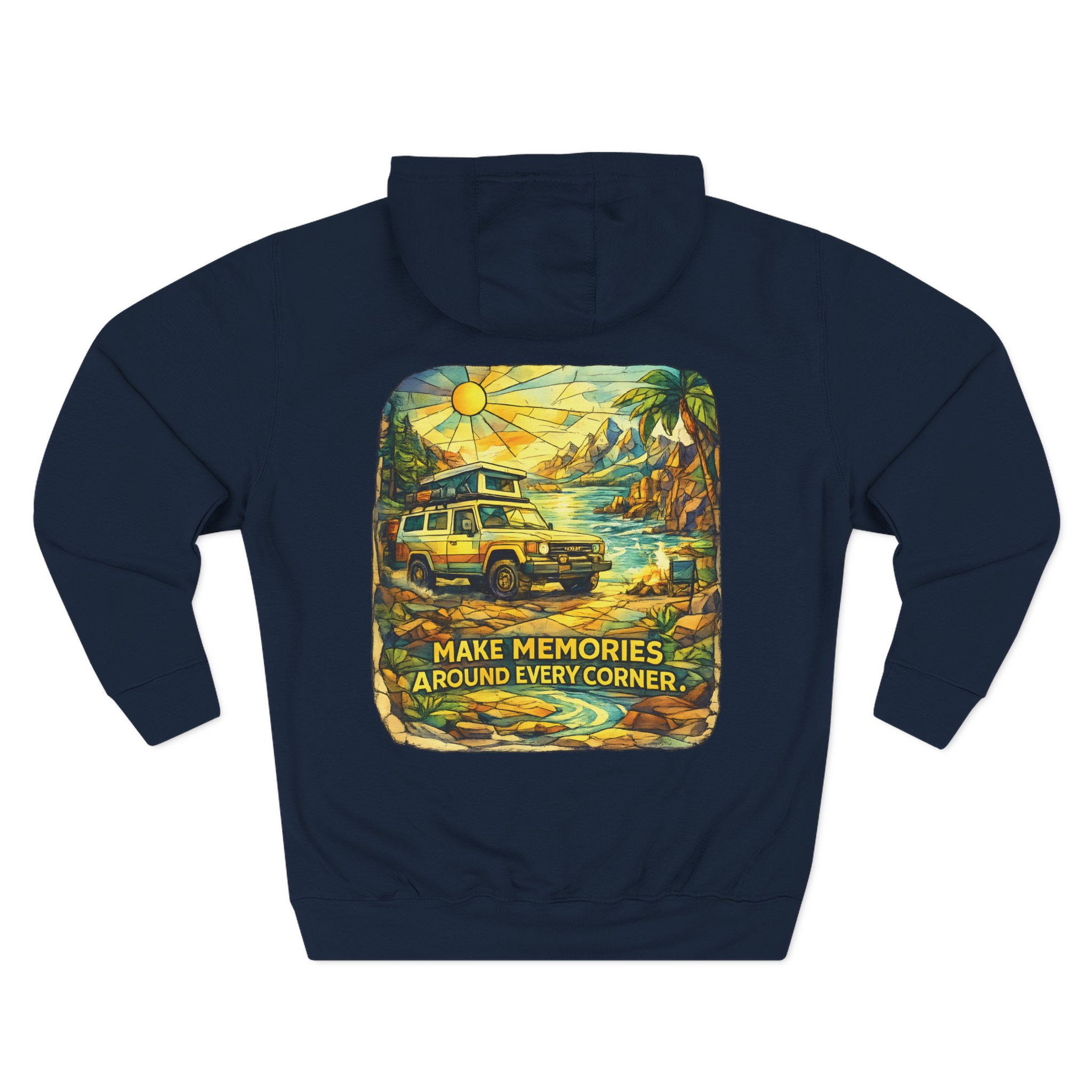 Three-Panel Fleece Hoodie - "Make Memories Around Every Corner" Design Cubic-Line