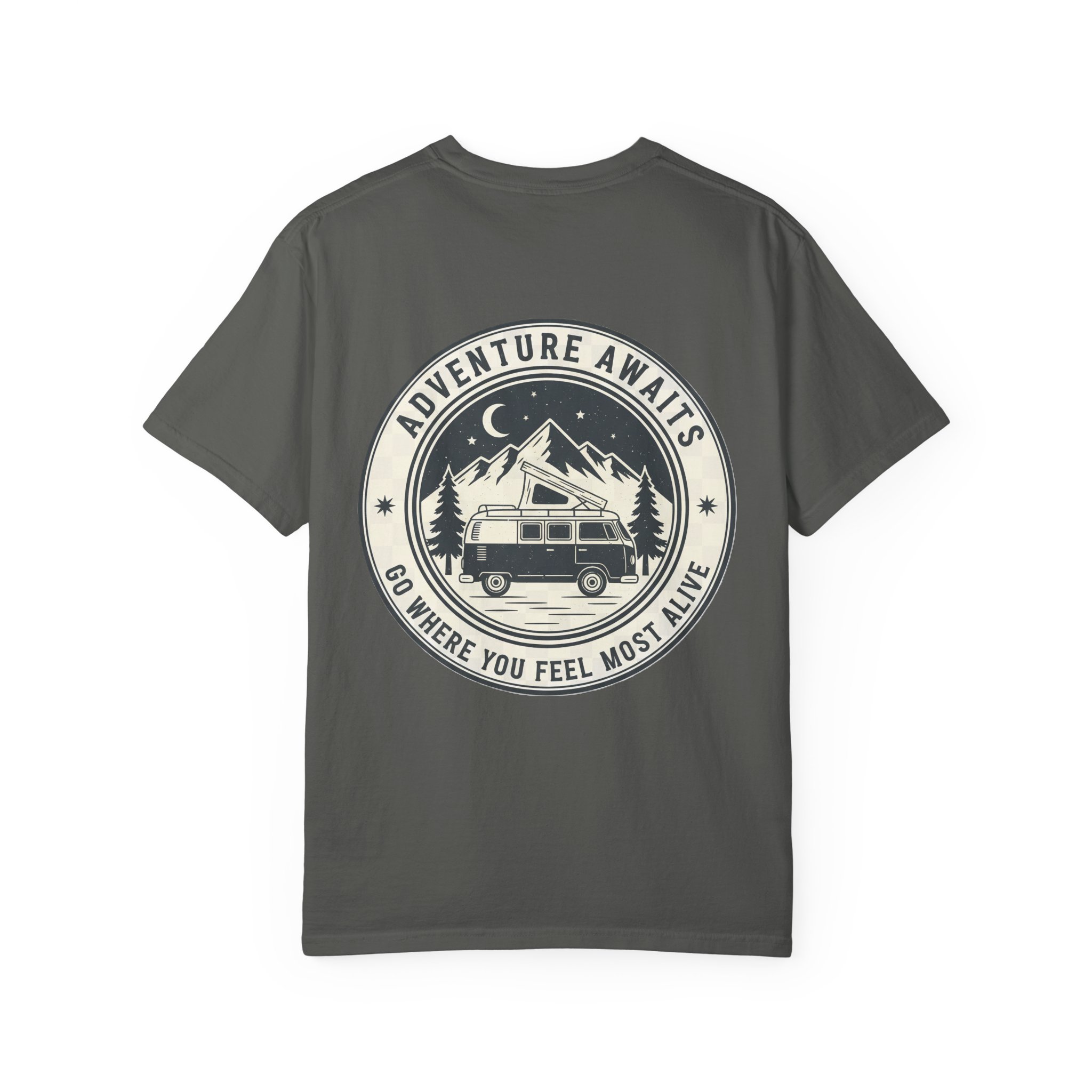10807125440097997528_2048.jpeg T-Shirt — "Adventure Awaits-Go Where You Feel Most Alive" (Front + Back Printed) Outdoor Travel Tee