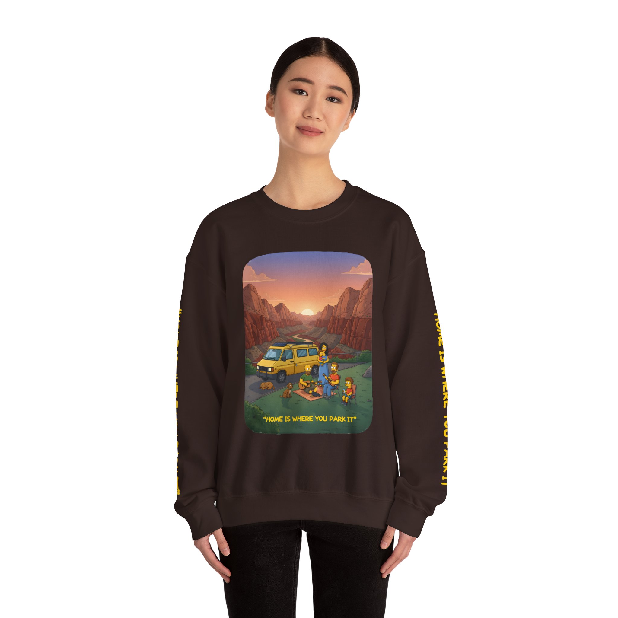 Unisex Heavy Blend™ Crewneck Sweatshirt — "Home Is Where You Park It" Design Sitcom-Line