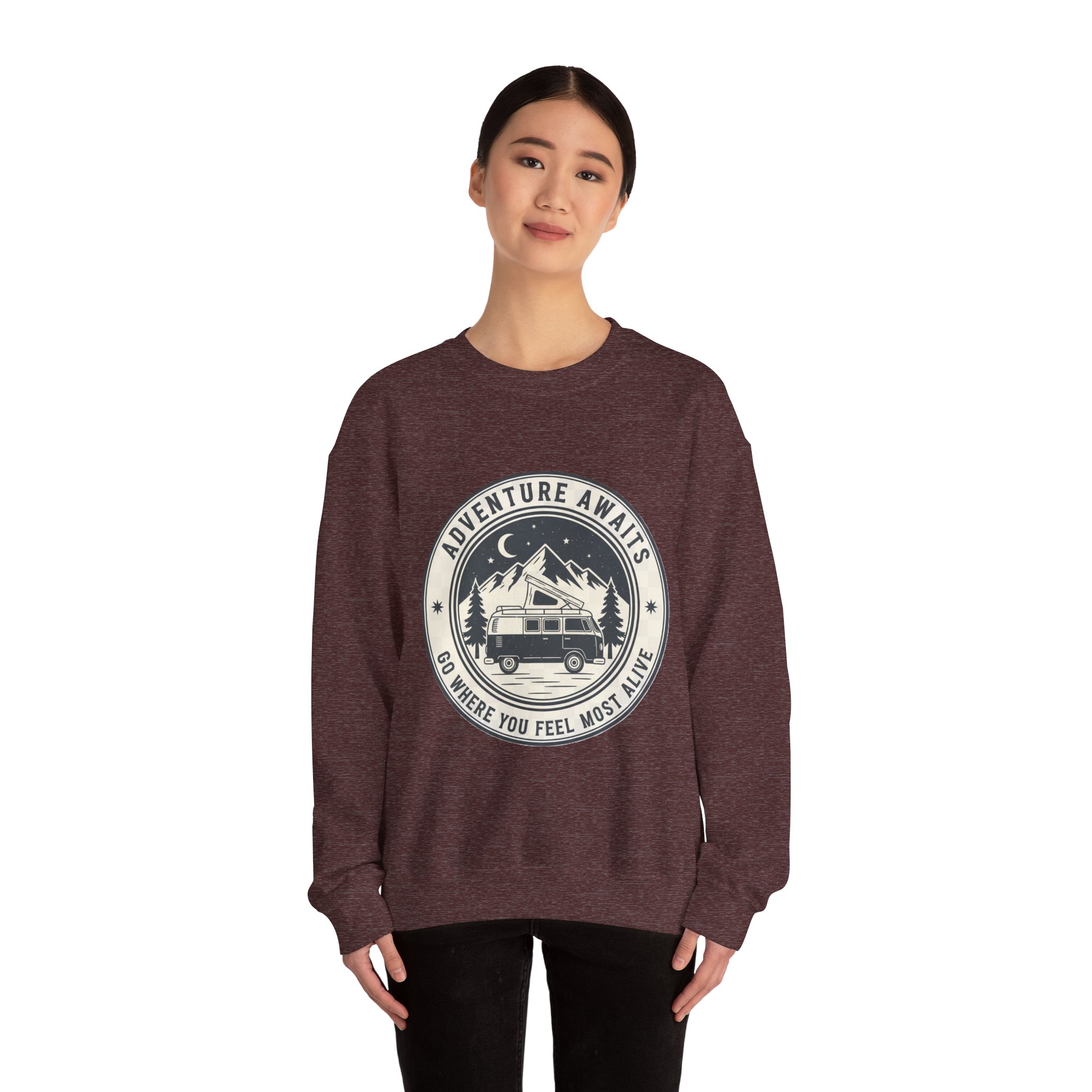 10818733420151681867_2048.jpeg Crewneck Sweatshirt — "Adventure Awaits-Go Where You Feel Most Alive" (Only Font printed) Vintage Camper Van Outdoor Graphic