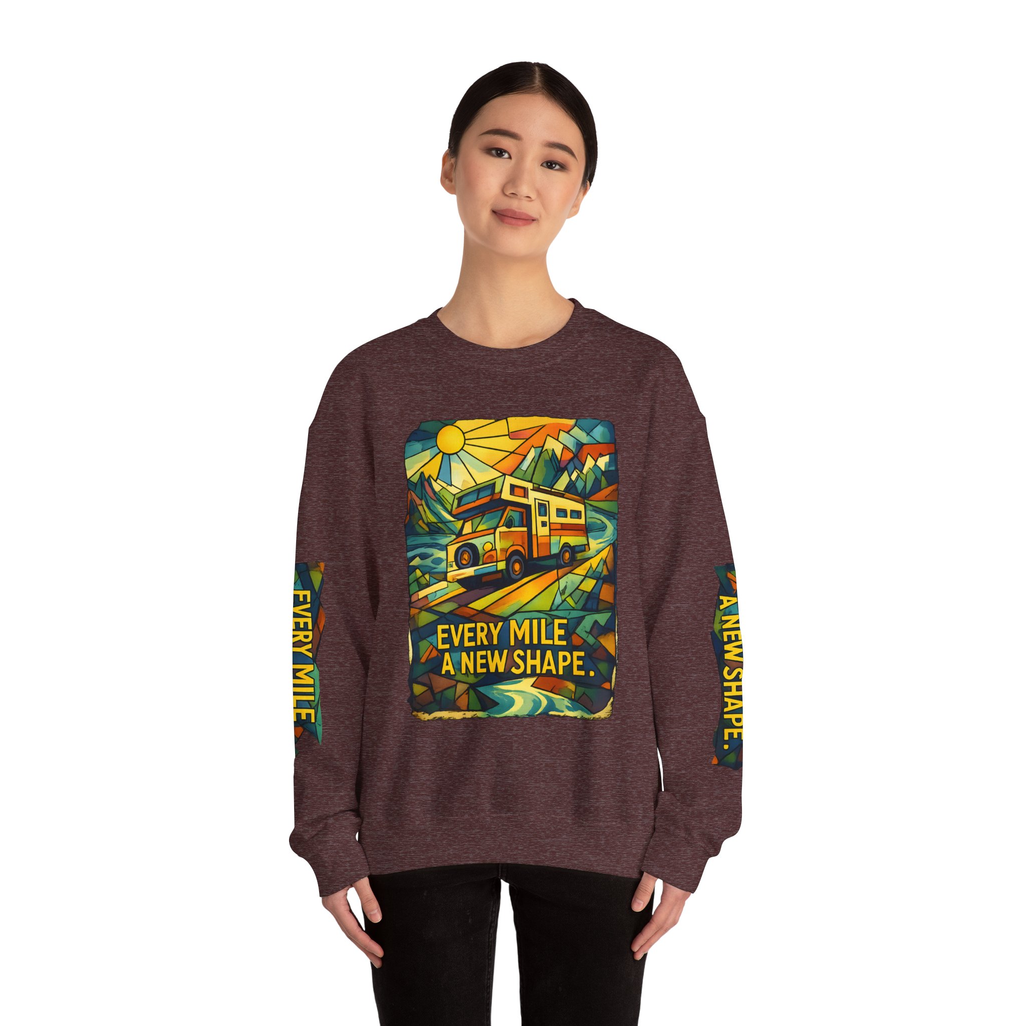 Unisex Heavy Blend™ Crewneck Sweatshirt — "Every Mile A New Shape" Design Cubic-Line
