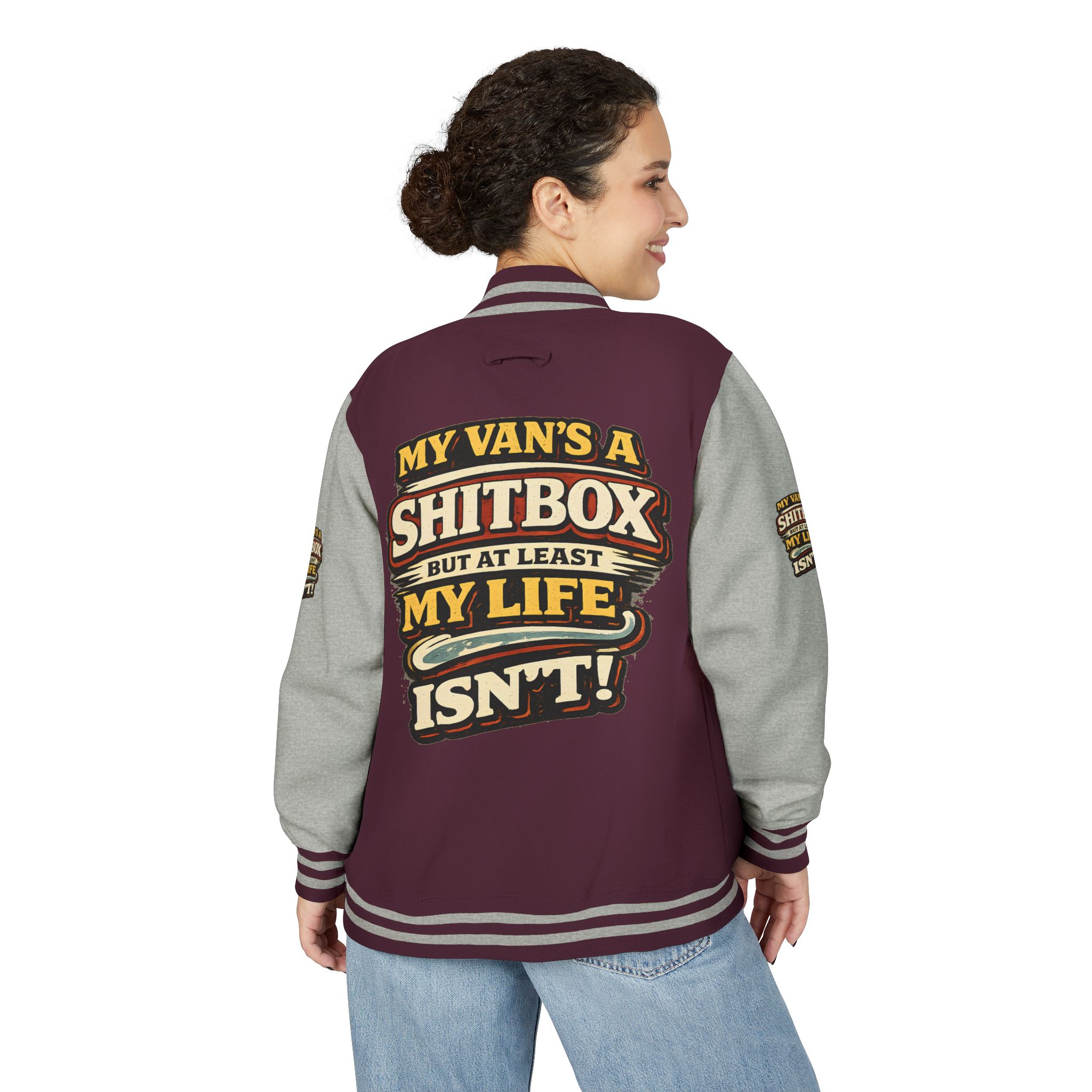 Unisex Heavyweight Letterman Jacket — "My Van`s A Shitbox" Design F**K-Line