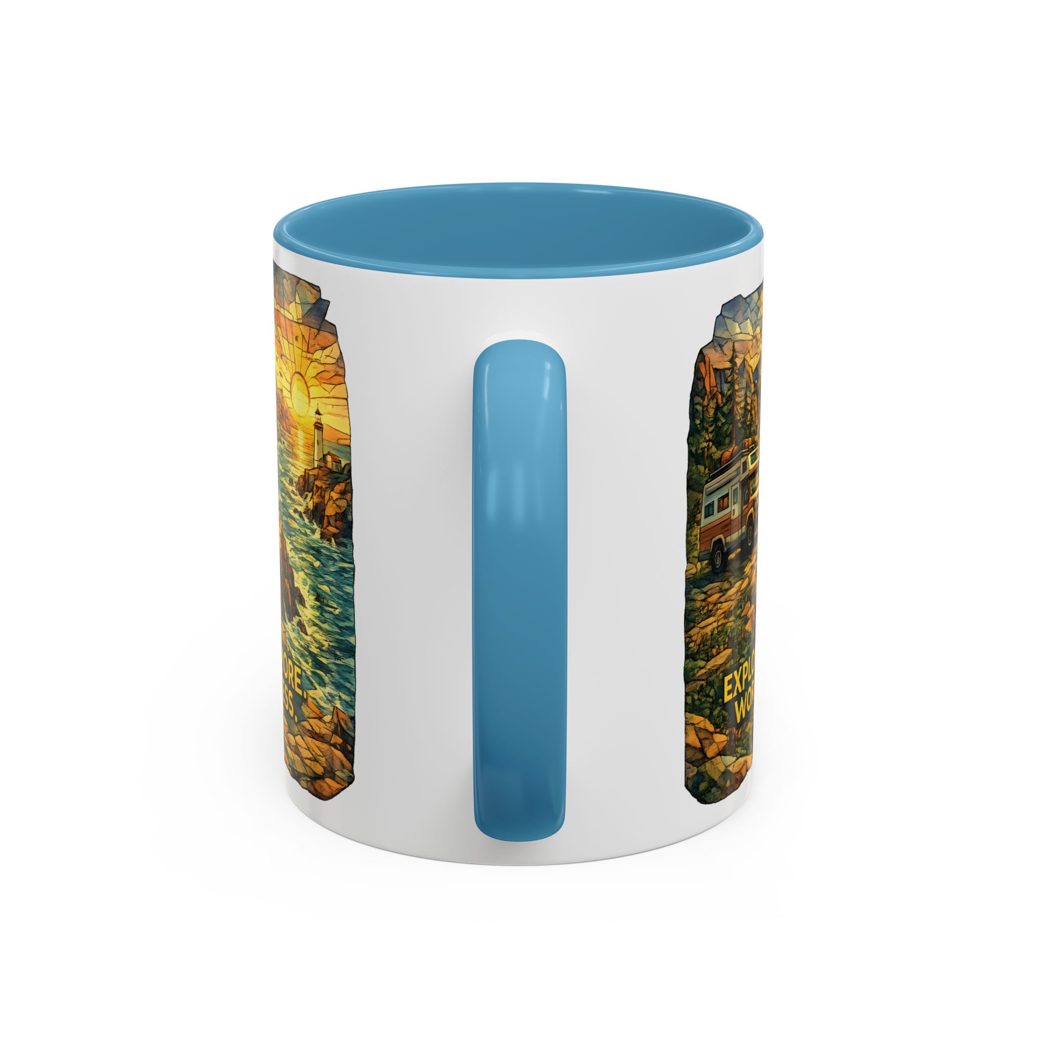 Accent Coffee Mug (11, 15oz) — "Explore More Worry Less" Design Cubic-Line