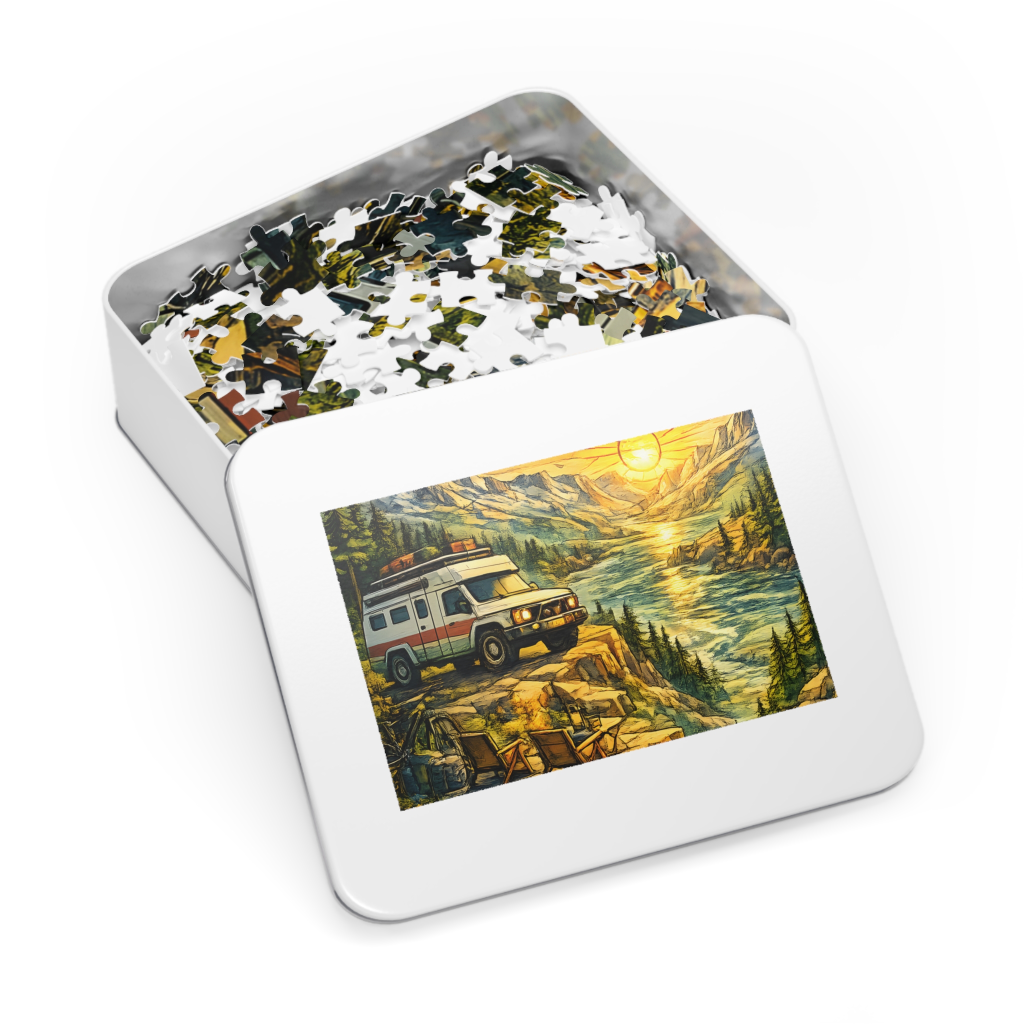 Jigsaw Puzzle with Tin — Camping Van Sunset (Design Cubic-Line)