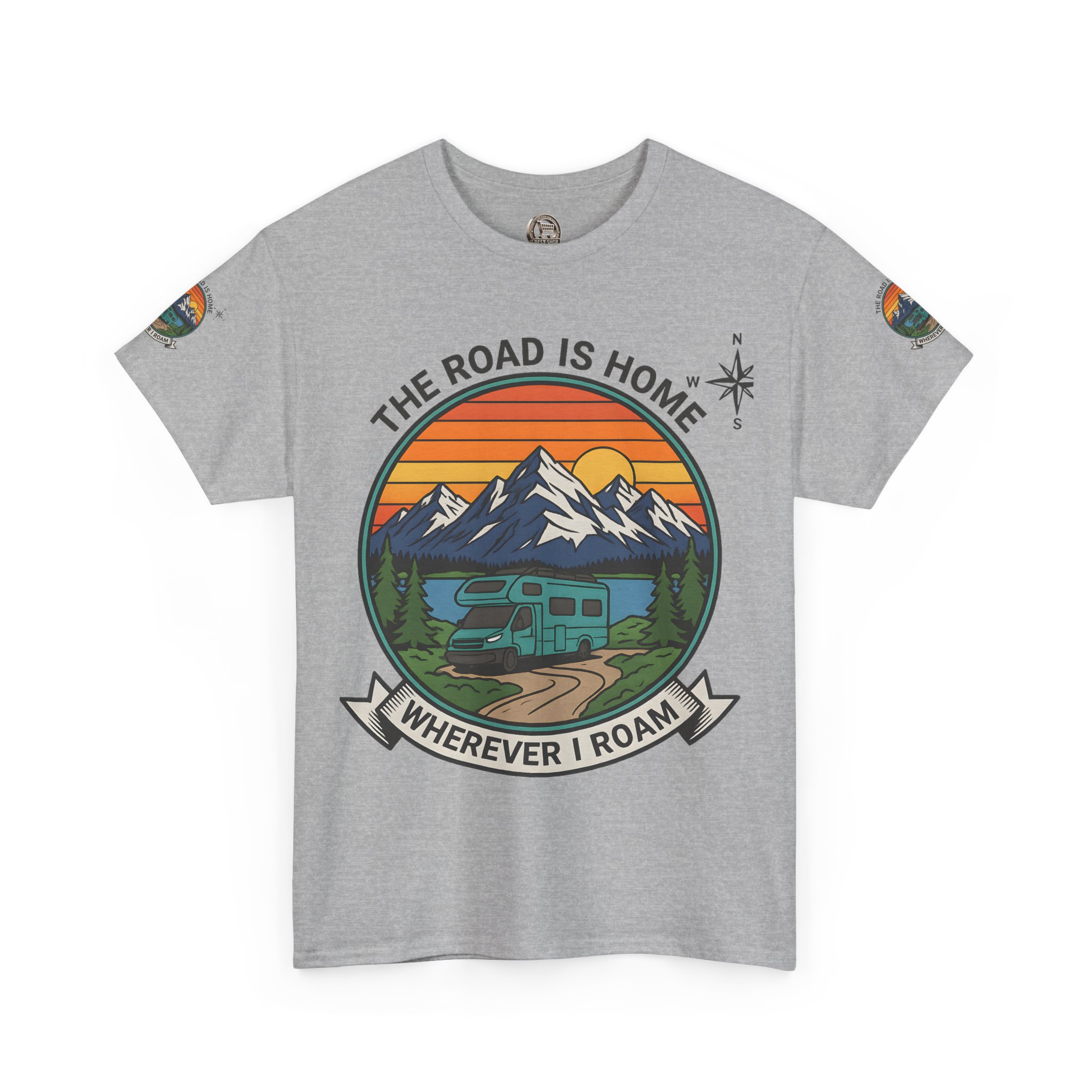 Unisex Heavy Cotton Tee  — 'The Road Is Home, Wherever I Roam' Retro Camper Tee