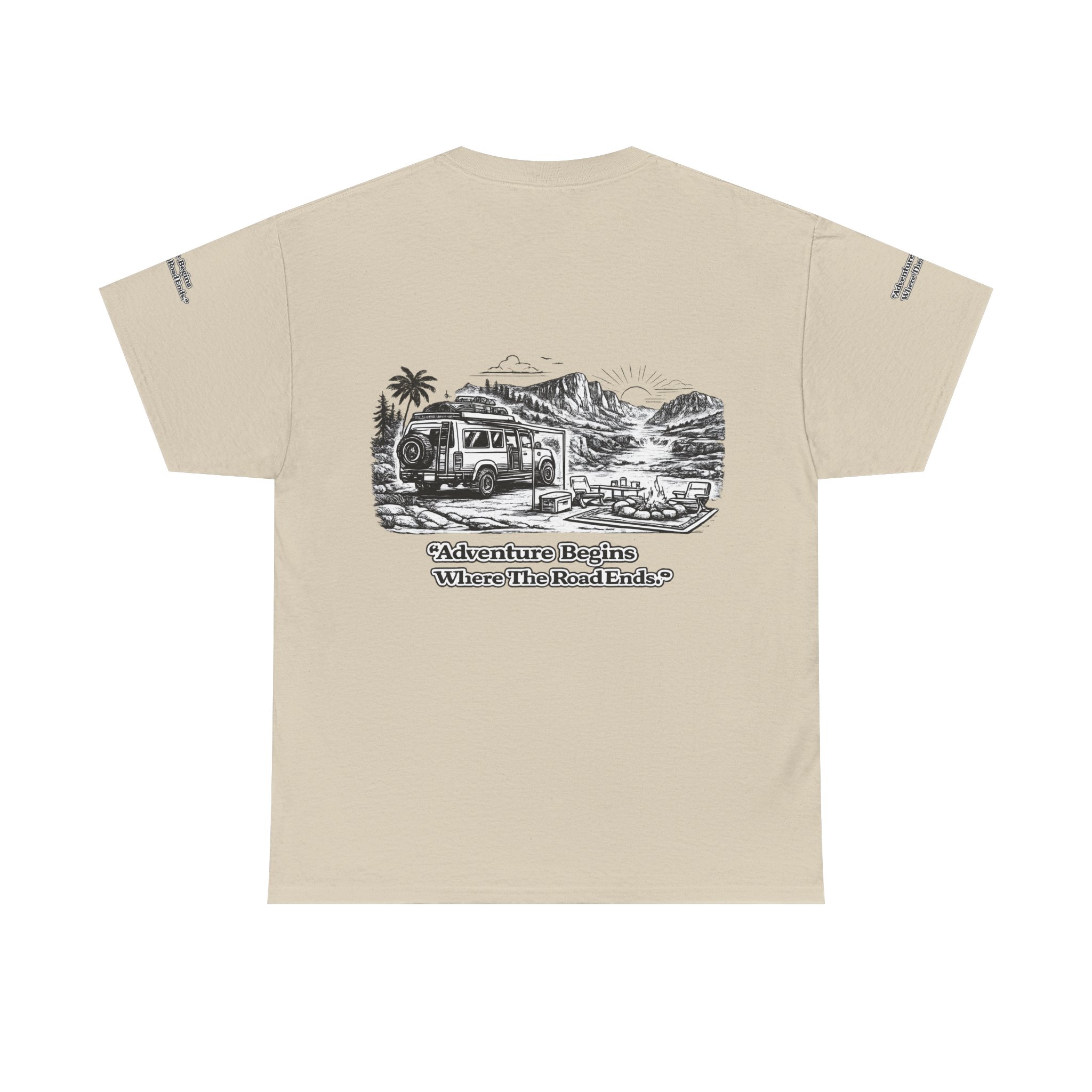 Unisex Heavy Cotton Tee — "Adventure Begins Where The Road Ends" Design Minimal-Line