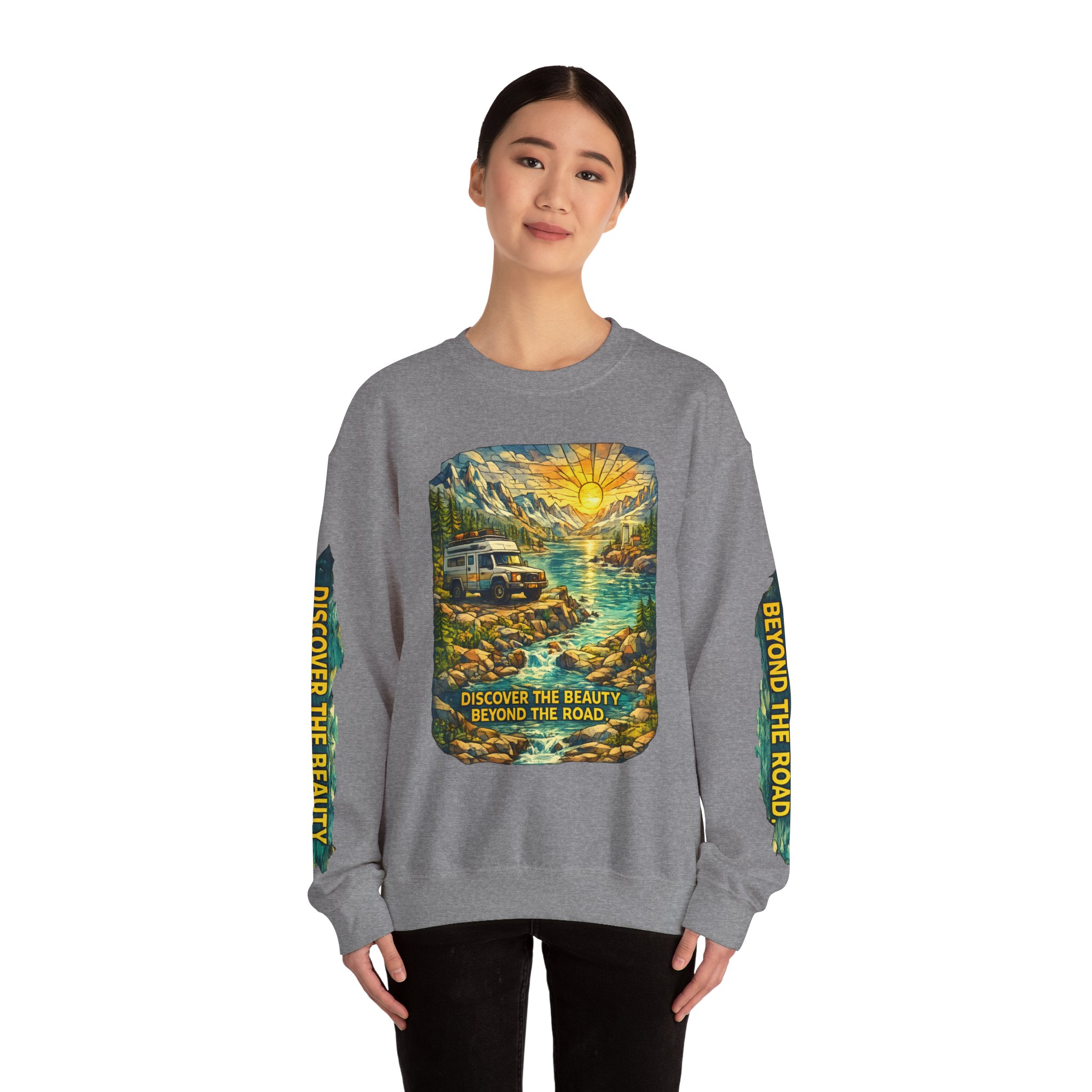 Unisex Heavy Blend™ Crewneck Sweatshirt — "Discover The Bieuty Beyond The Road" Design Cubic-Line