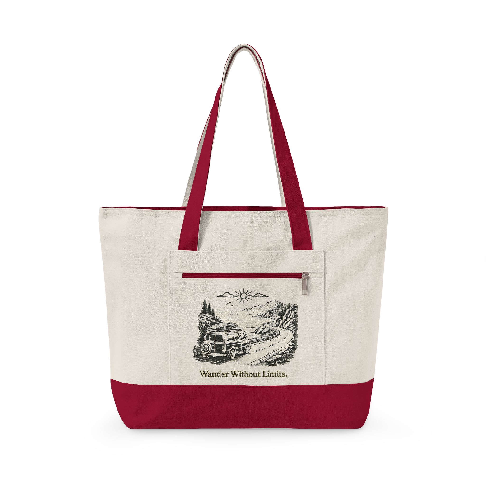 Zippered Canvas Tote — "Wander Whitout Limits" (Design Minimal-Line)