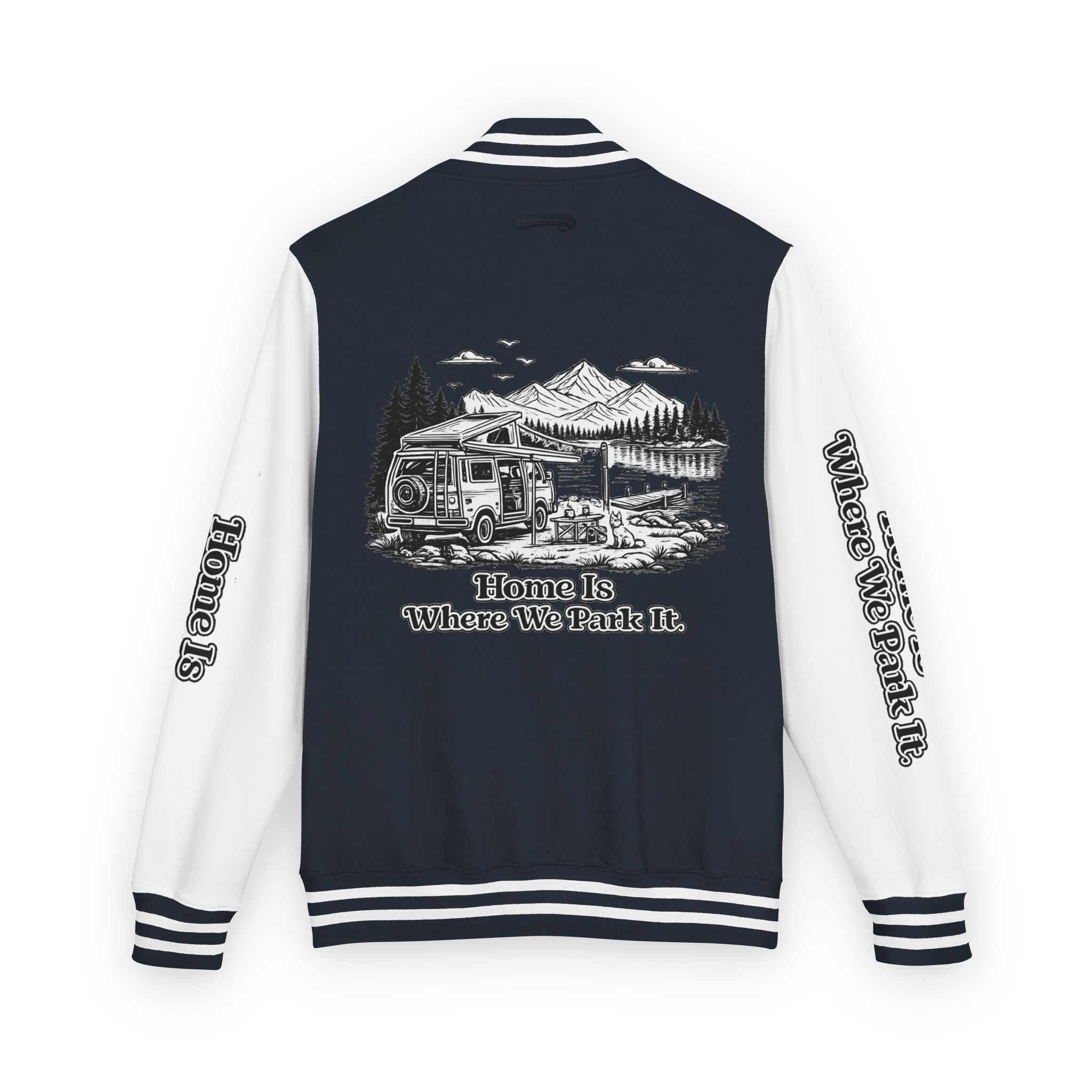 Unisex Heavyweight Letterman Jacket — "Home Is Where You Park It" Travel Varsity Coat
