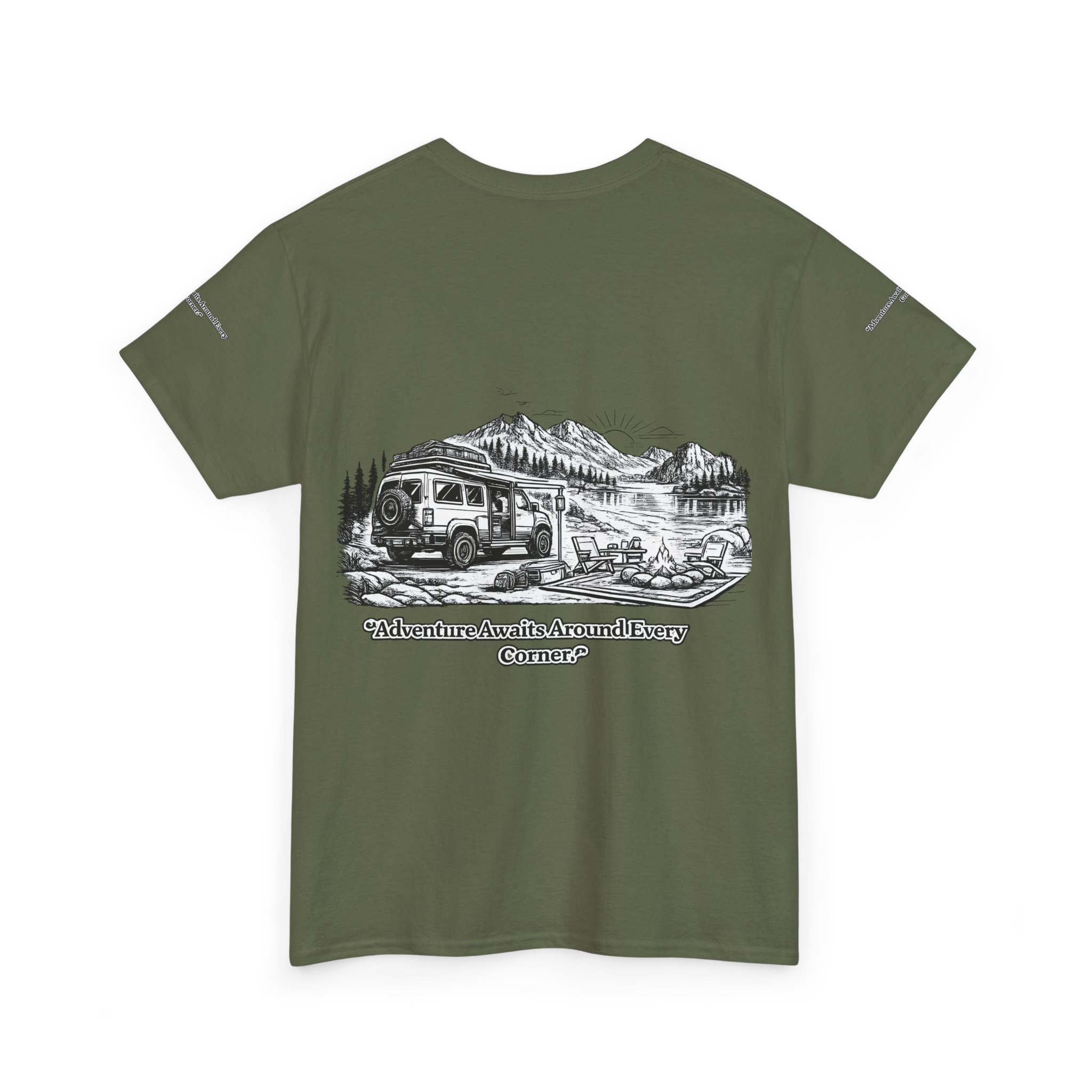 Unisex Heavy Cotton Tee — "Adventure Awaits Around Every Corner" Design Minimal-Line