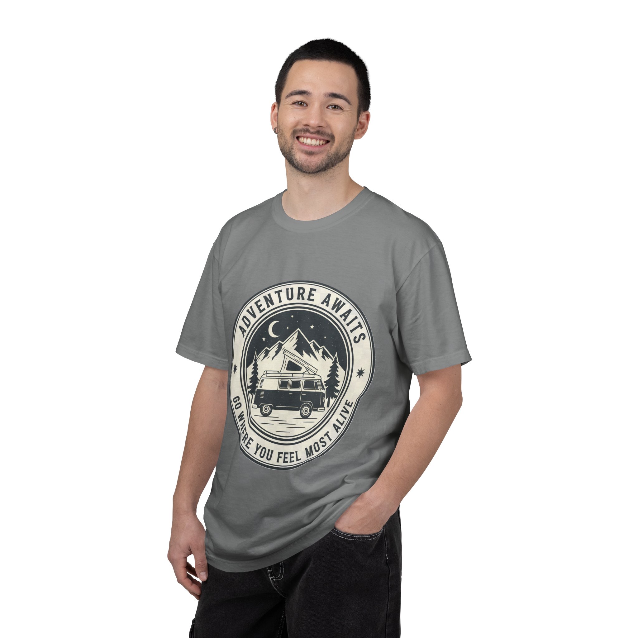 T-Shirt — "Adventure Awaits-Go Where You Feel Most Alive" (Only Front Printed) Outdoor Travel Tee