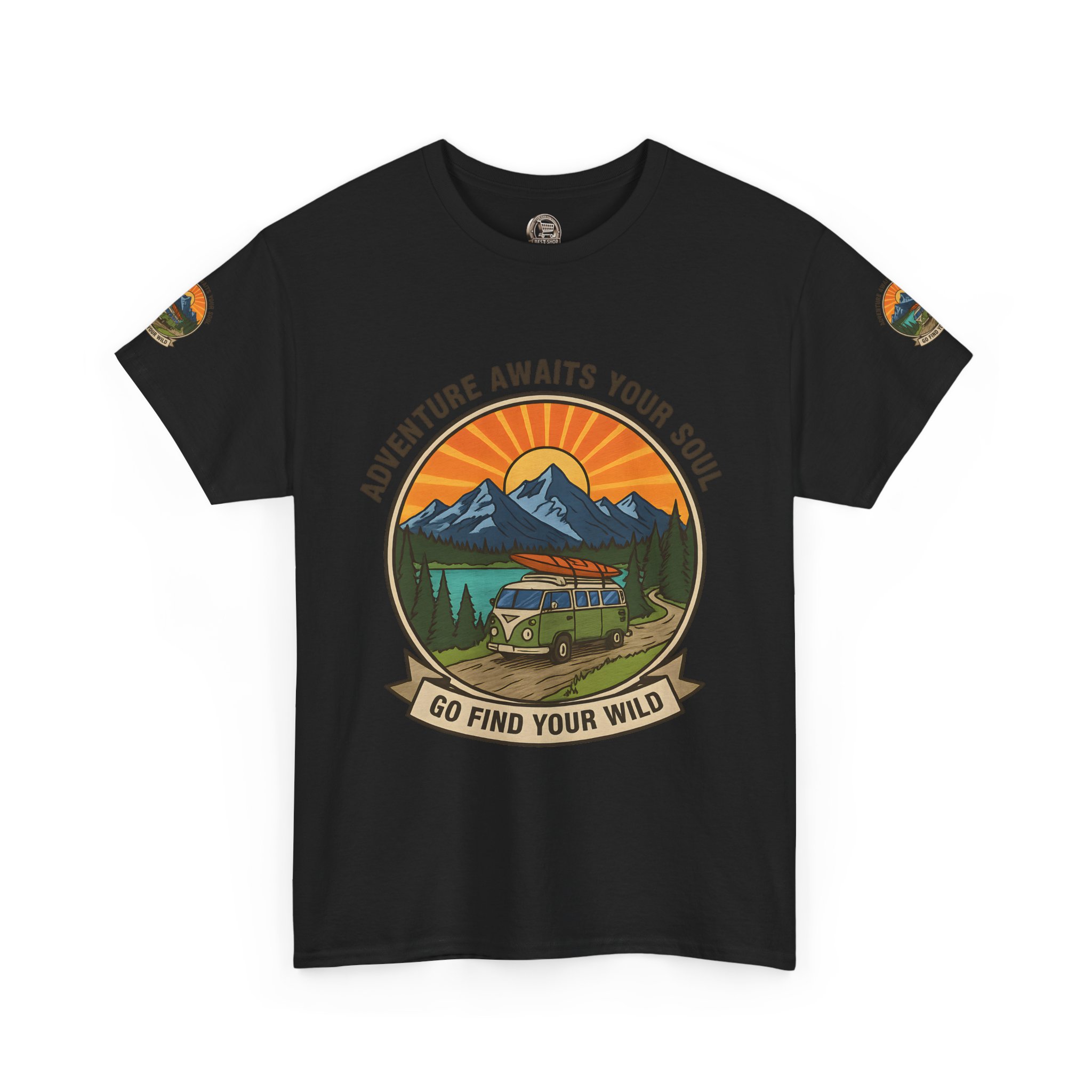 Unisex Heavy Cotton Tee — “Adventure Awaits Your Soul: Go Find Your Wild” Van & Mountain Graphic