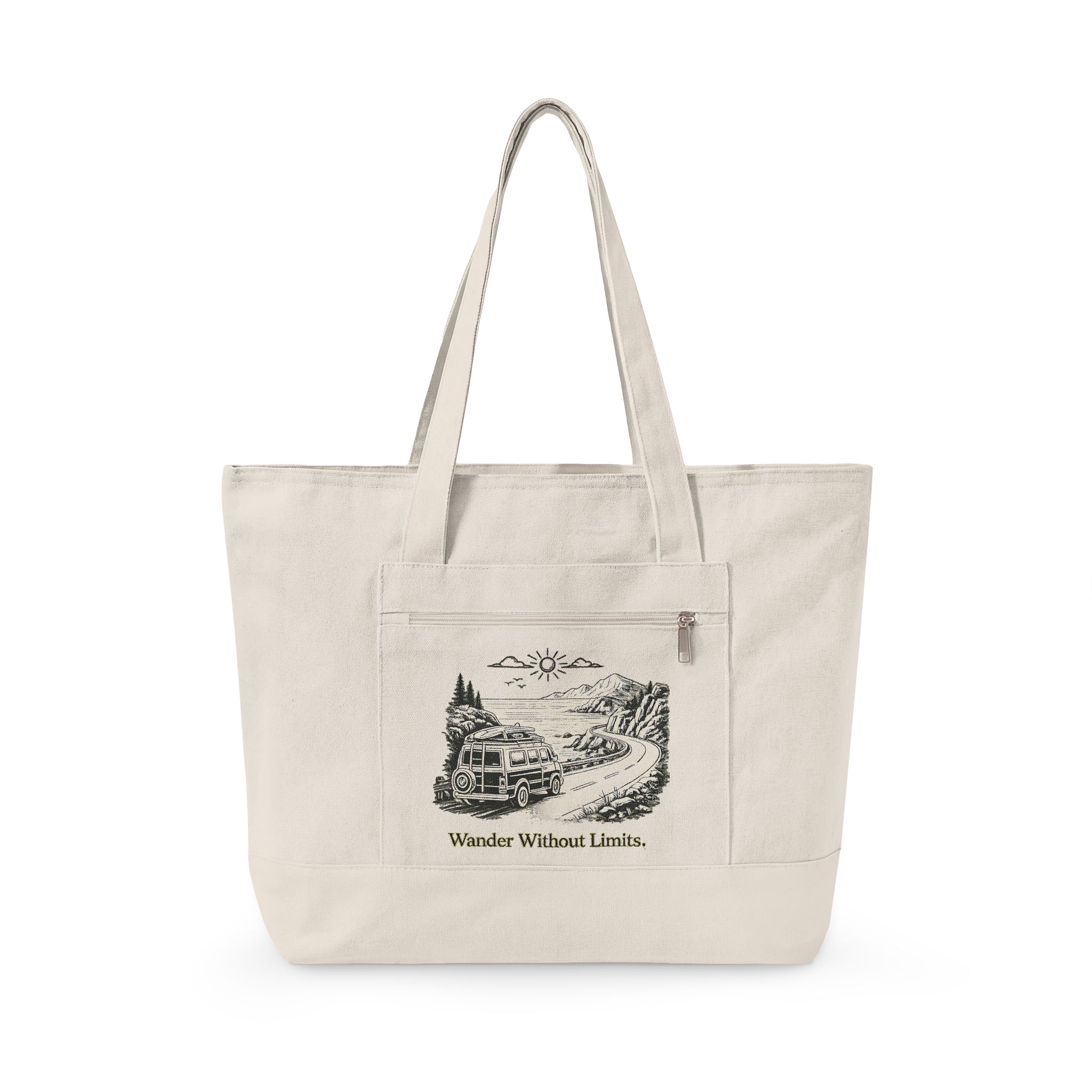 Zippered Canvas Tote — "Wander Whitout Limits" (Design Minimal-Line)