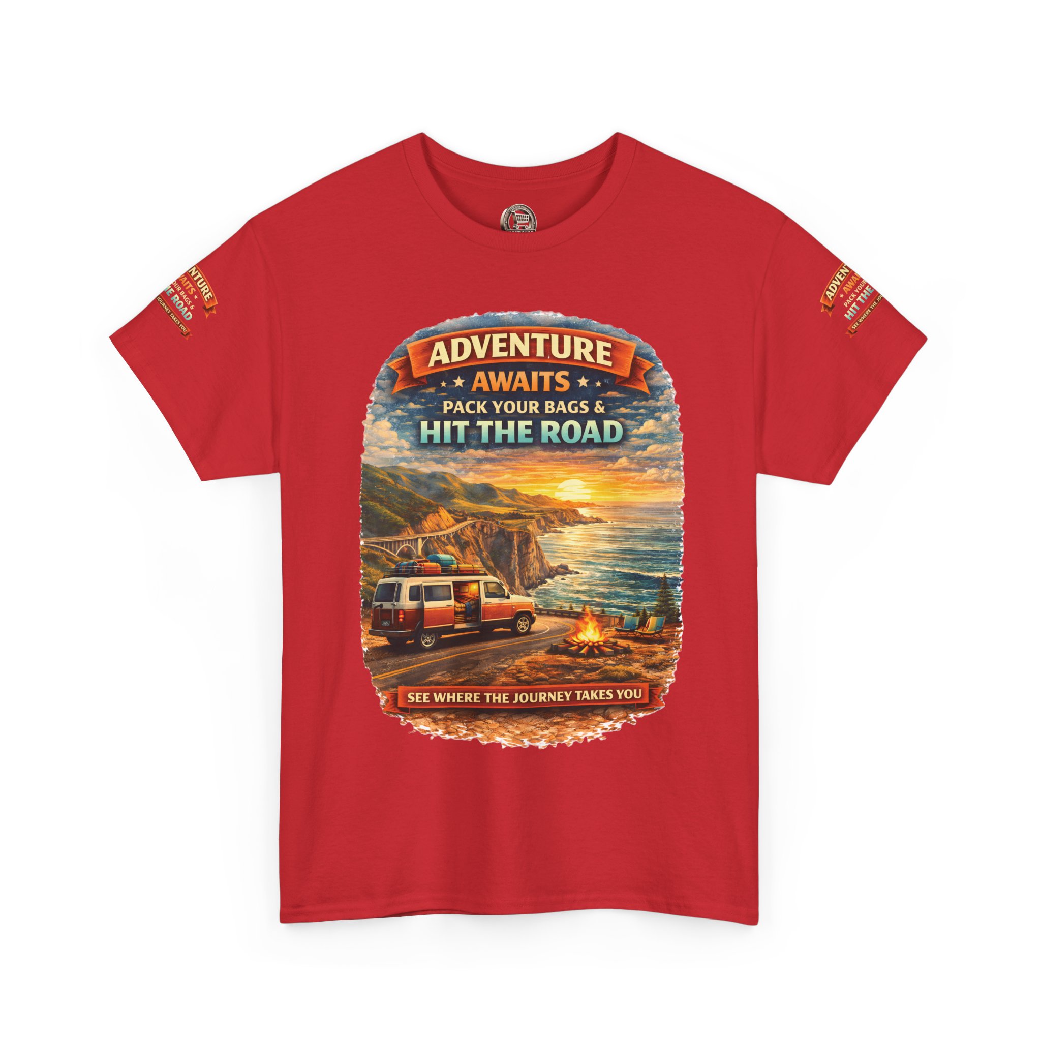 Unisex Heavy Cotton Tee — "Adventure Awaits-Pack Your Bags" Design Scenic-Line