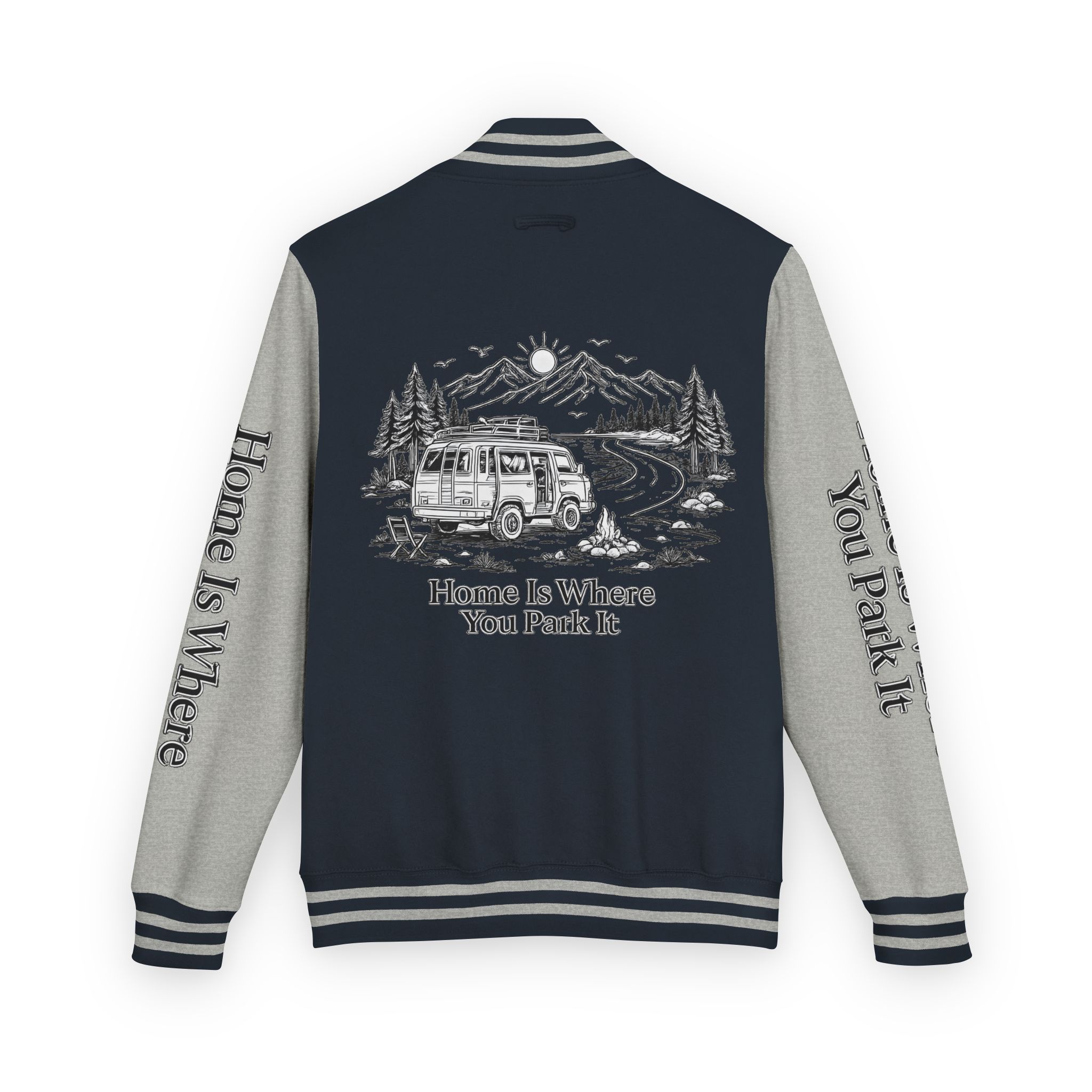 Unisex Heavyweight Letterman Jacket — "Home Is Where You Park It" Travel Varsity Coat