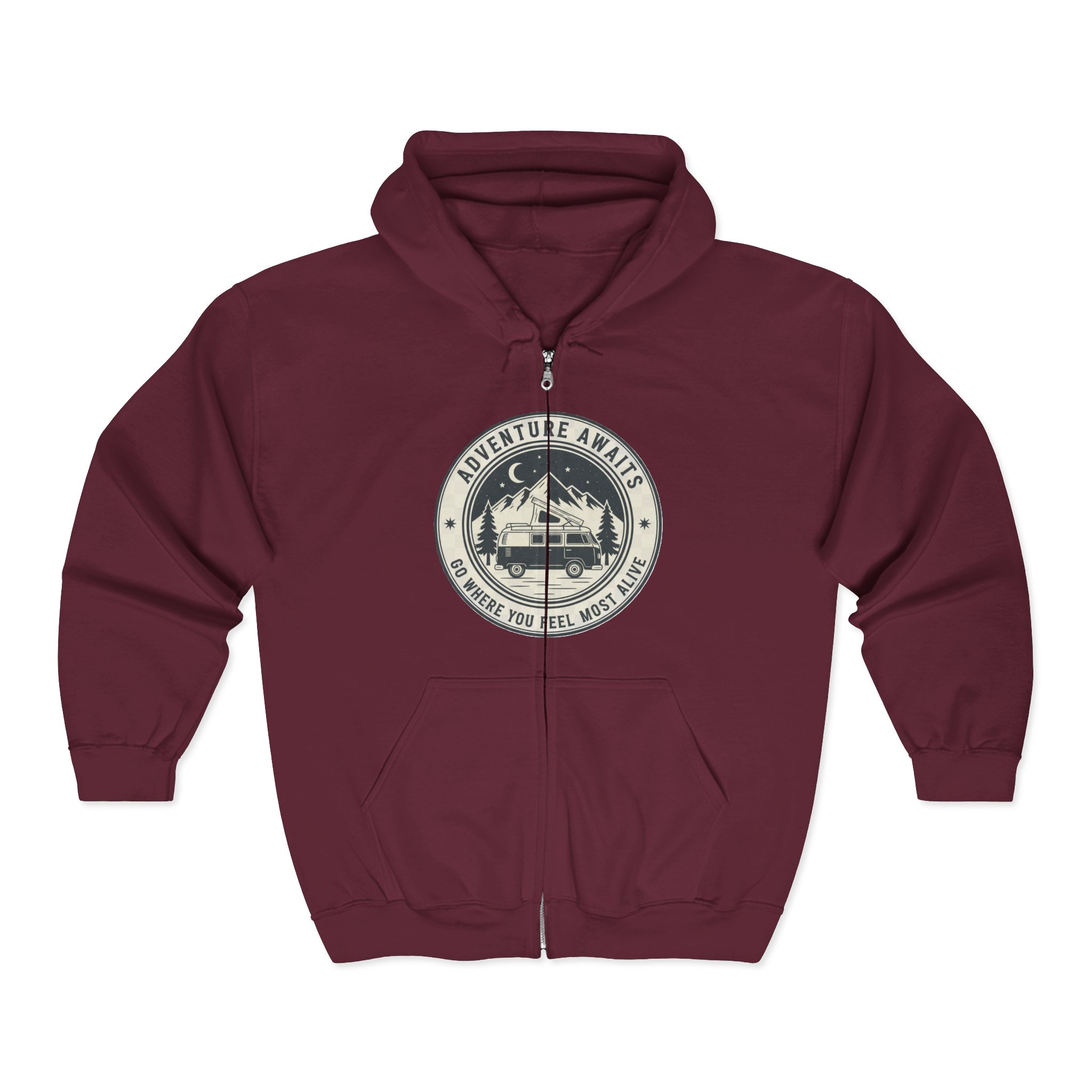 Zip Hoodie — "Adventure Awaits-Go Where You Feel Most Alive" (Only Front Printed) Camper Van Adventure Zip-Up