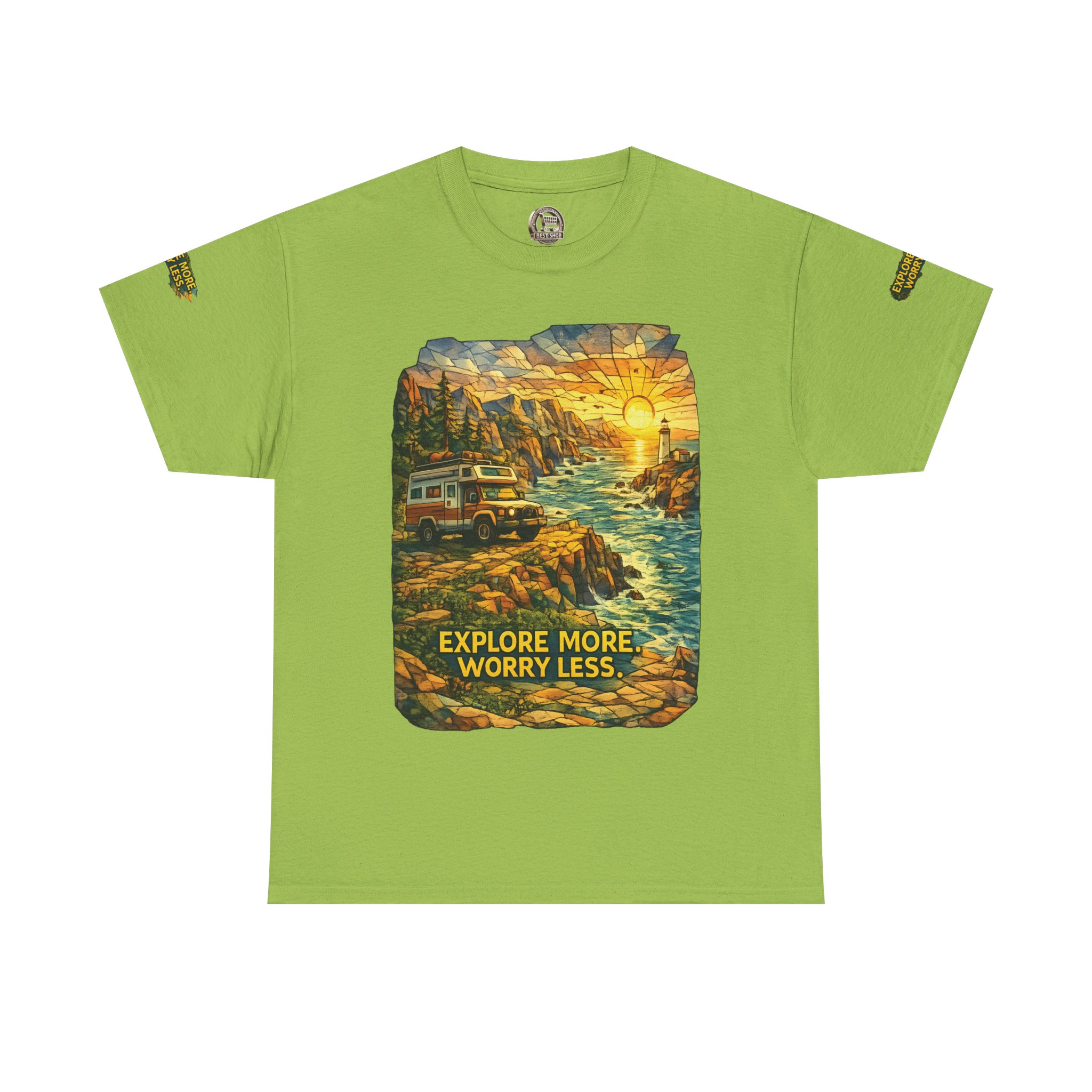 Unisex Heavy Cotton Tee — "Explore More Worry Less" Design Cubic-Line
