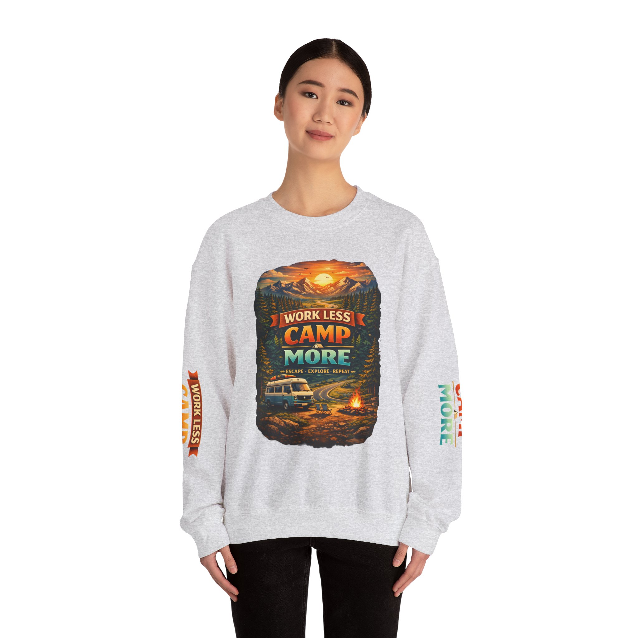 Unisex Heavy Blend™ Crewneck Sweatshirt — "Work Less-Camp More" Design Scenic-Line