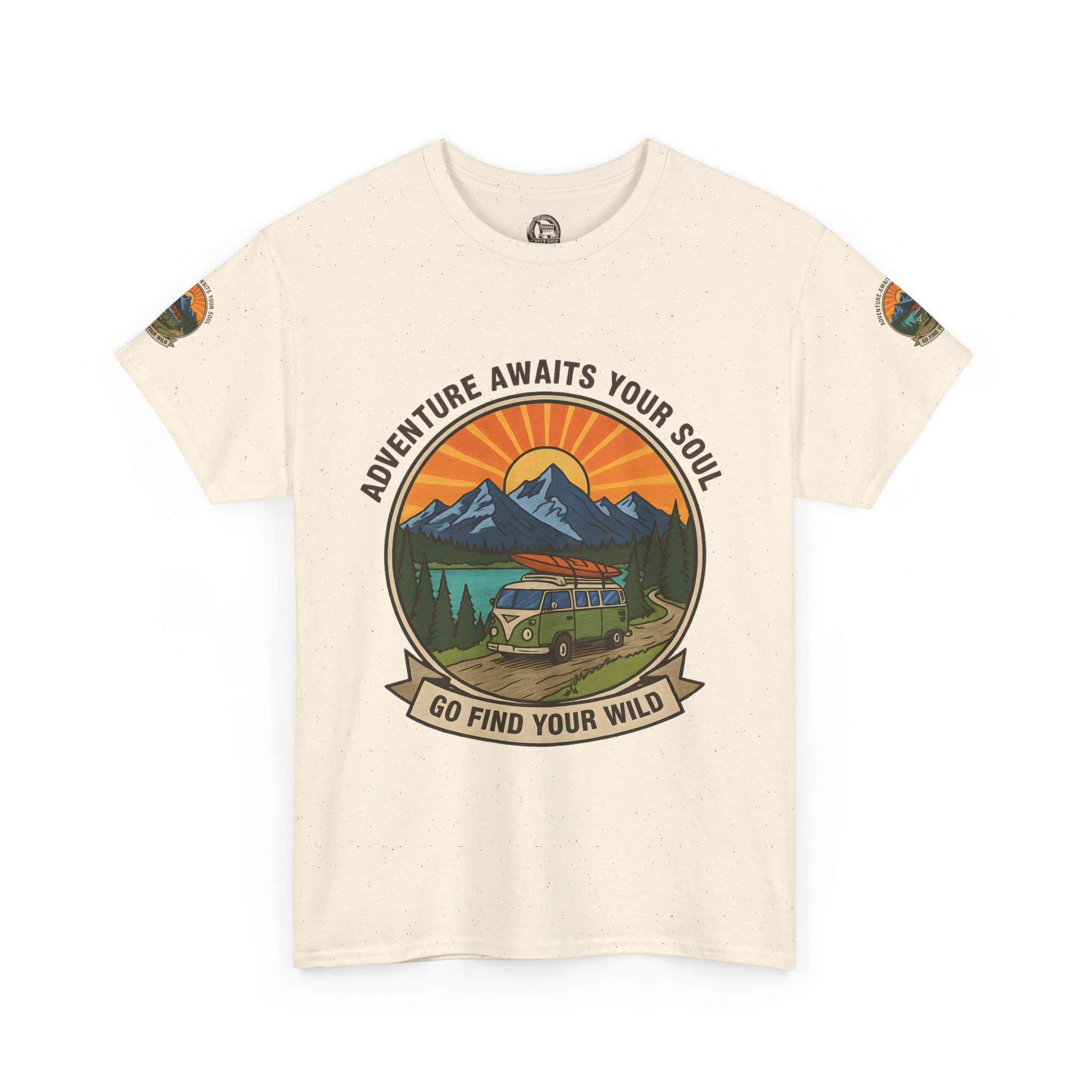 Unisex Heavy Cotton Tee — “Adventure Awaits Your Soul: Go Find Your Wild” Van & Mountain Graphic