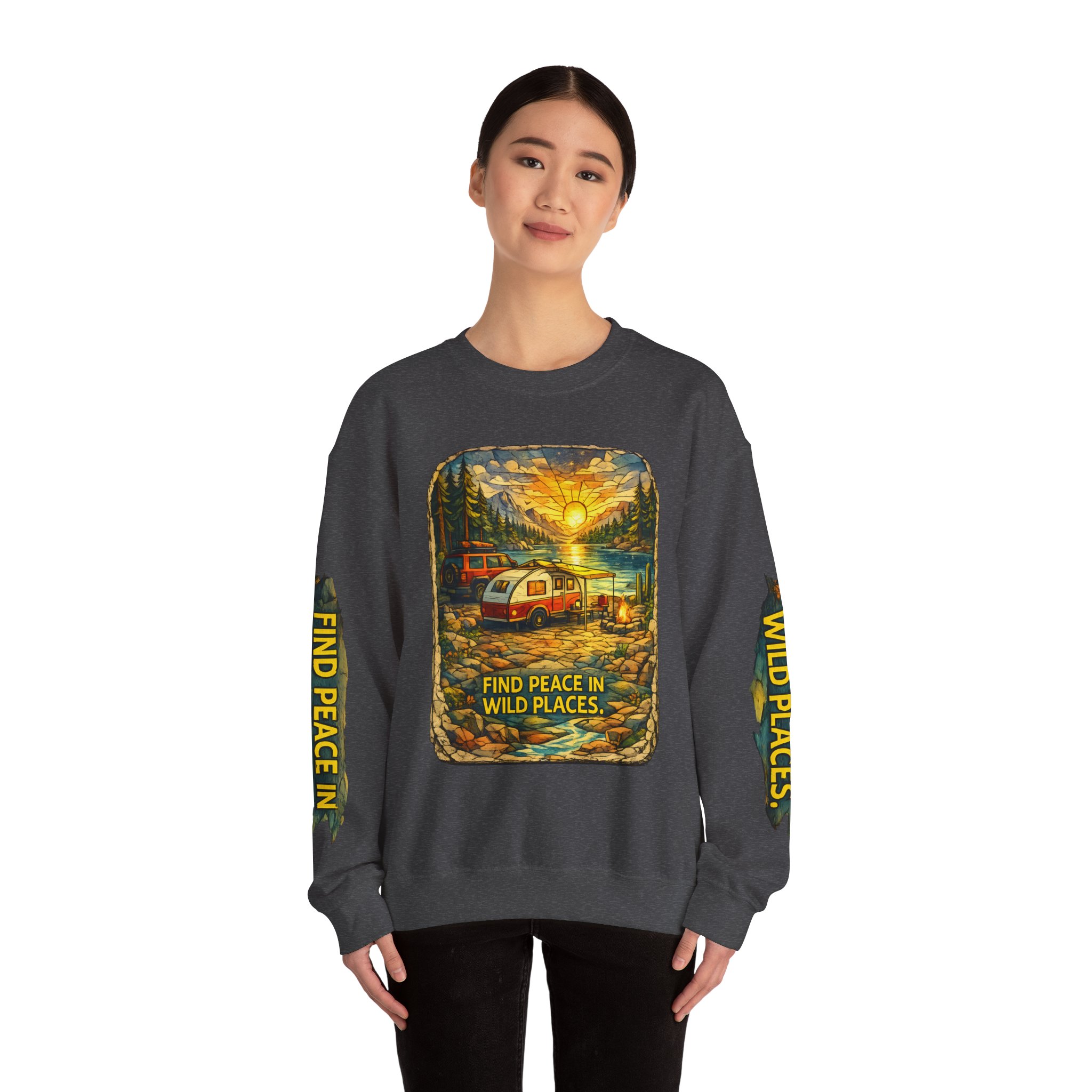 Unisex Heavy Blend™ Crewneck Sweatshirt — "Find Peace In Wild Places" Design Cubic-Line