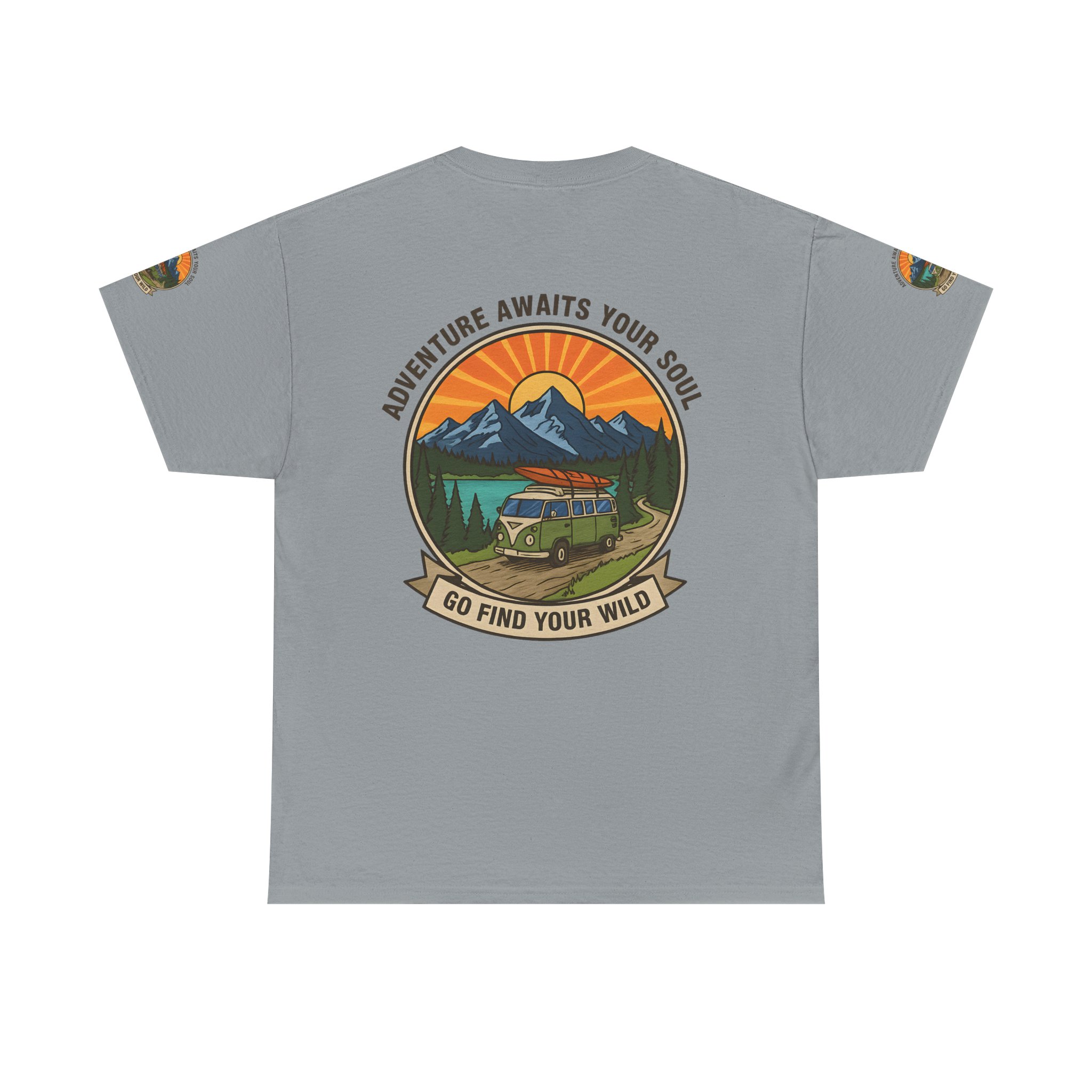 Unisex Heavy Cotton Tee — “Adventure Awaits Your Soul: Go Find Your Wild” Van & Mountain Graphic