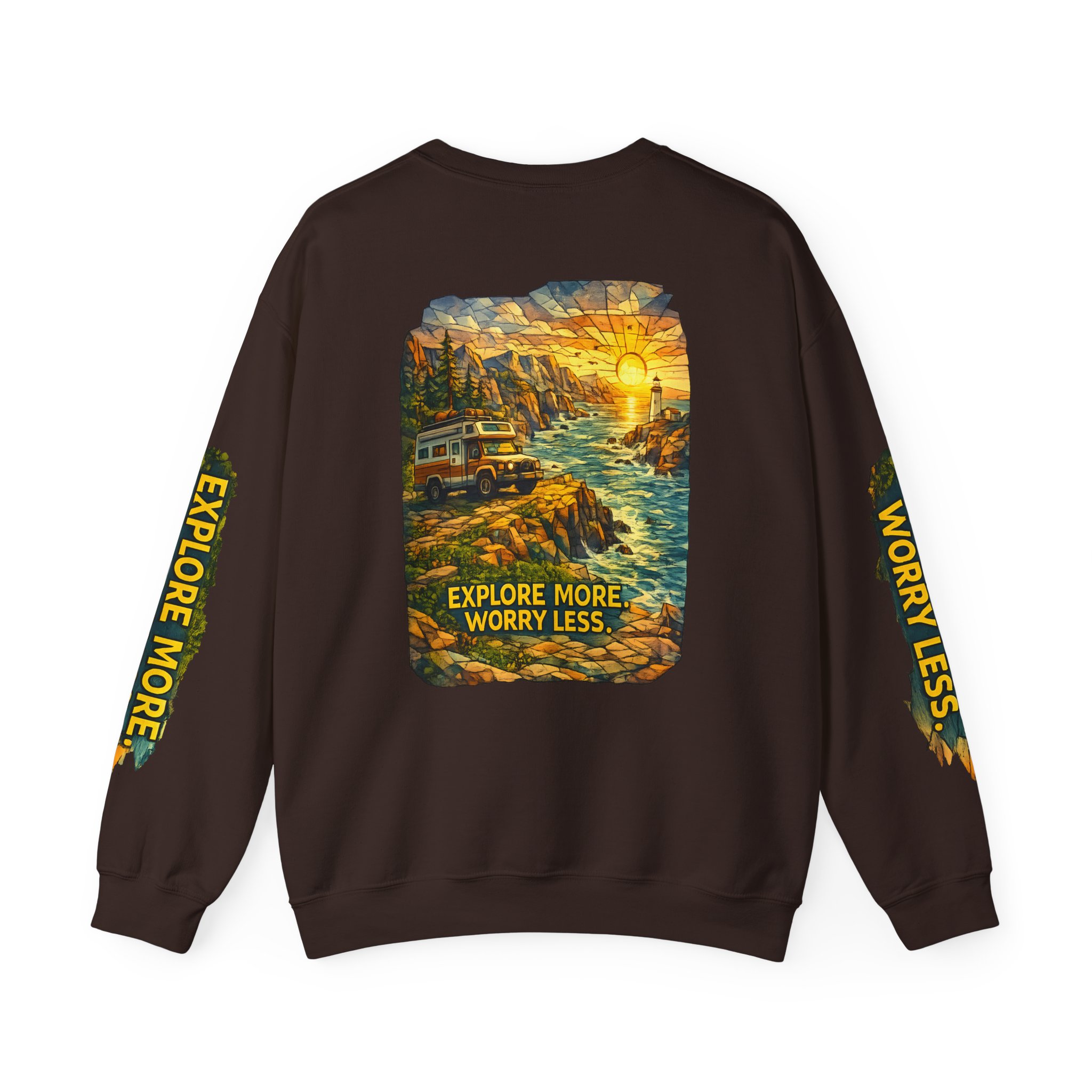 Unisex Heavy Blend™ Crewneck Sweatshirt — "Explore More Worry Less" Design Cubic-Line