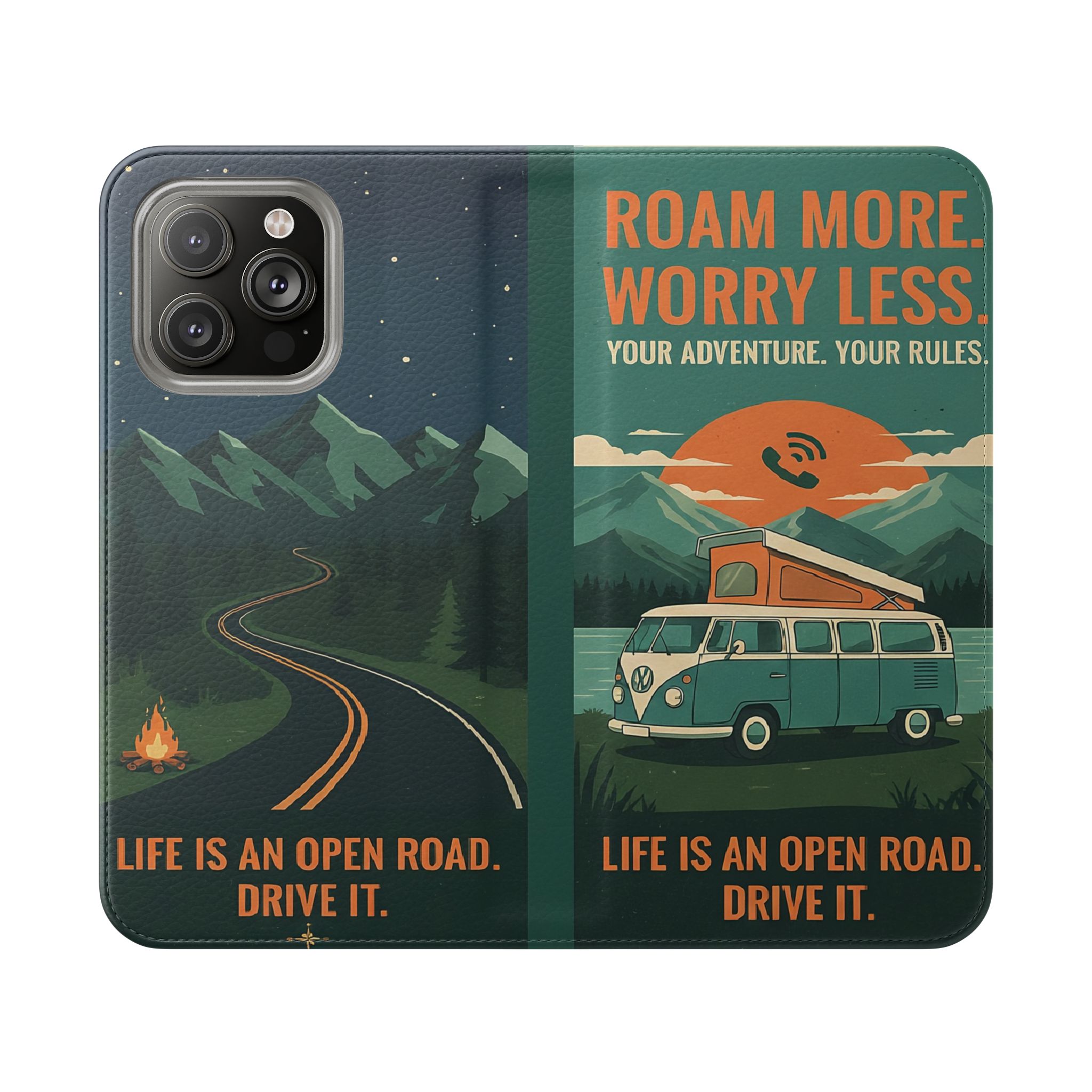 Flip Phone Case — "Roam More Worry Less - Life Is An Open Road" Phone Wallet