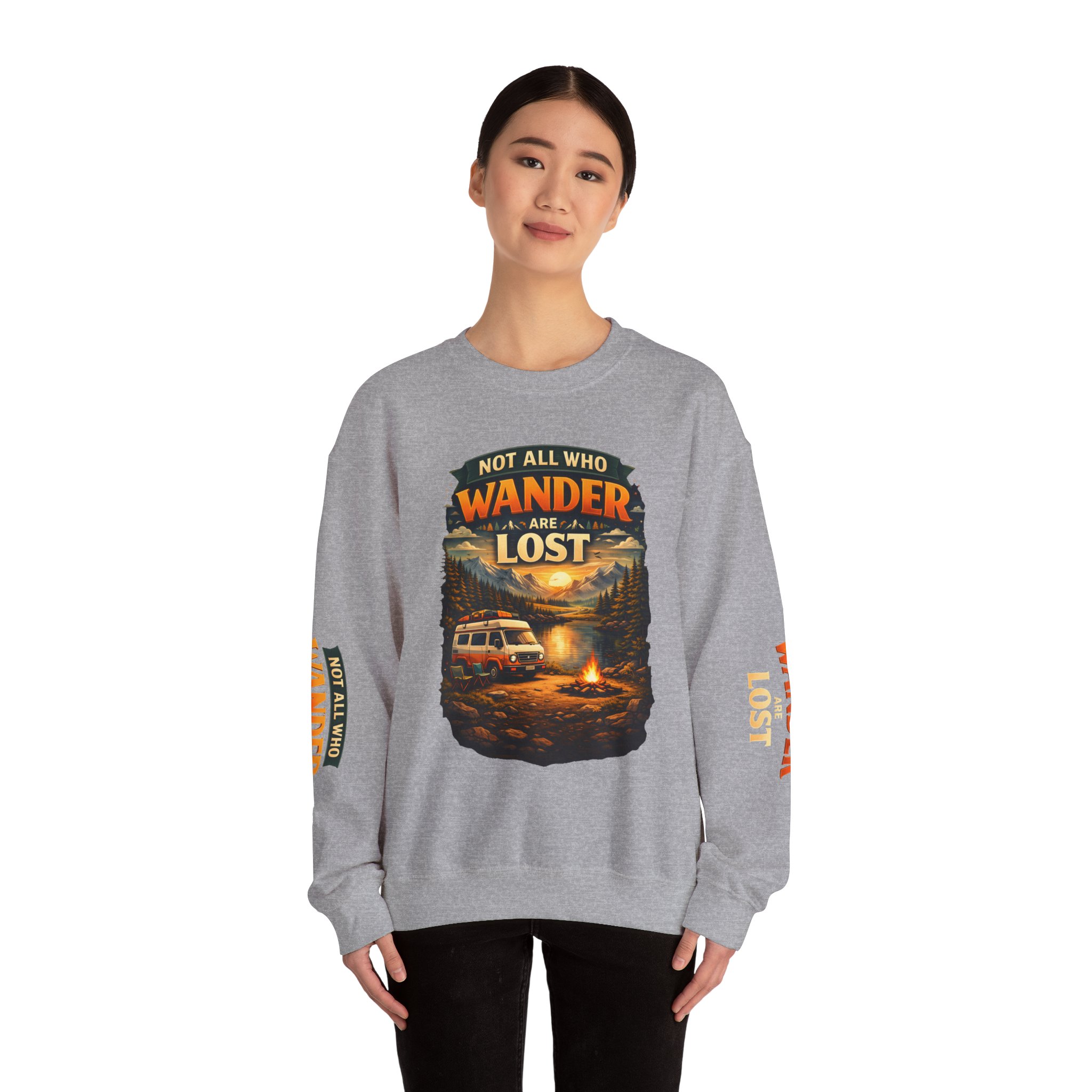 Unisex Heavy Blend™ Crewneck Sweatshirt — "Not All Who Wander Are Lost" Design Scenic-Line