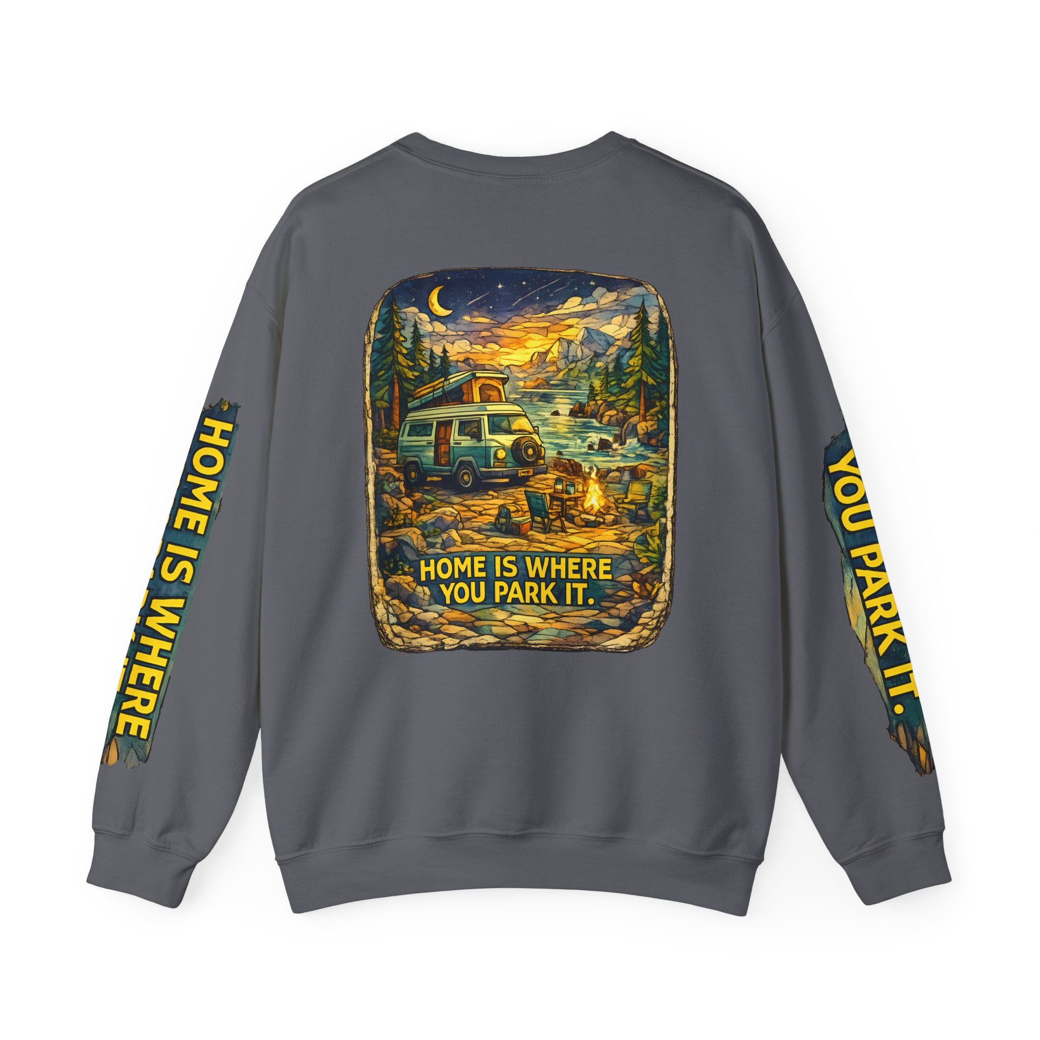 Unisex Heavy Blend™ Crewneck Sweatshirt — "Home Is Where You Park It" Design Cubic-Line