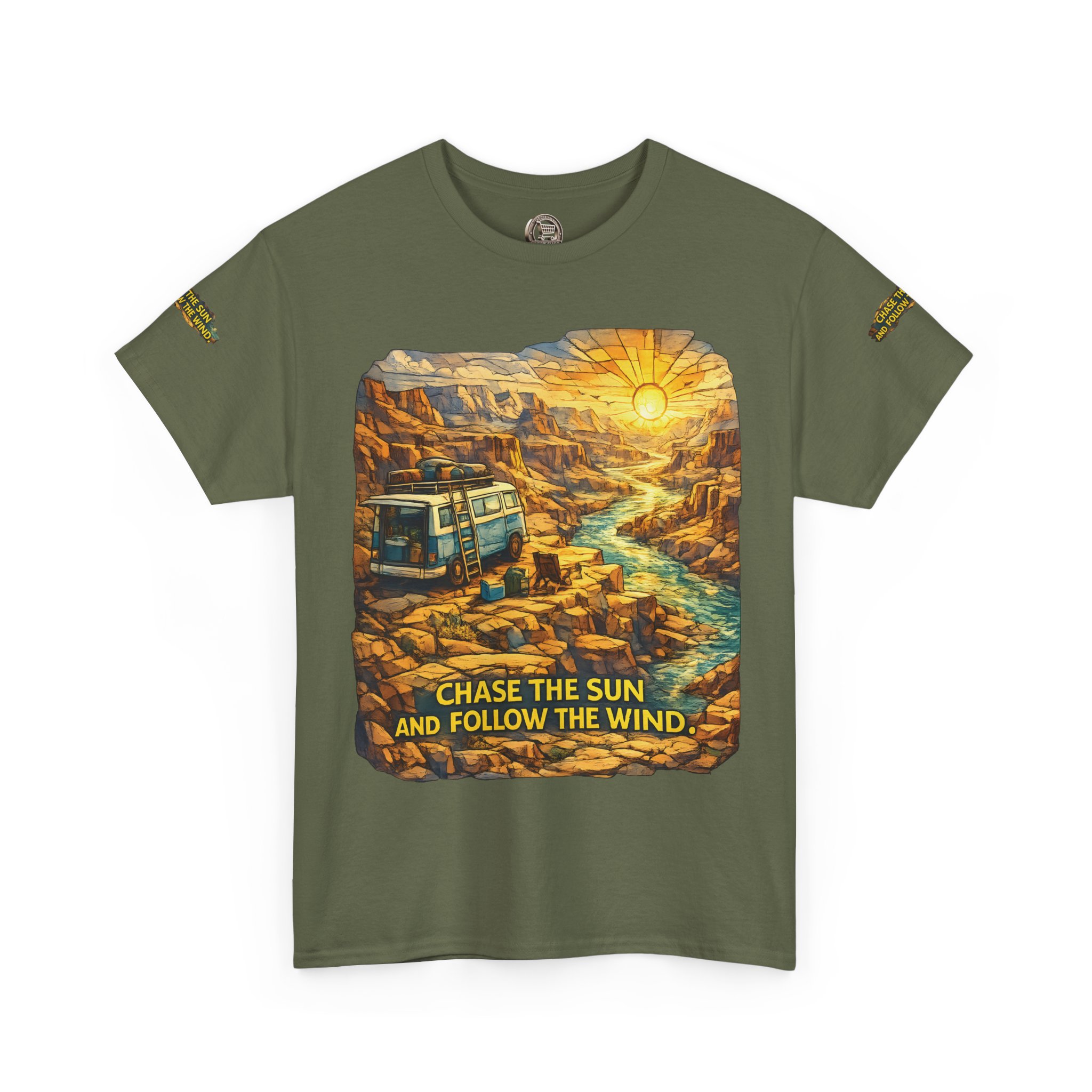 10988340286051207993_2048.jpeg Unisex Heavy Cotton Tee — "Chase The Sun And Follow The Wind" Design Cubic-Line