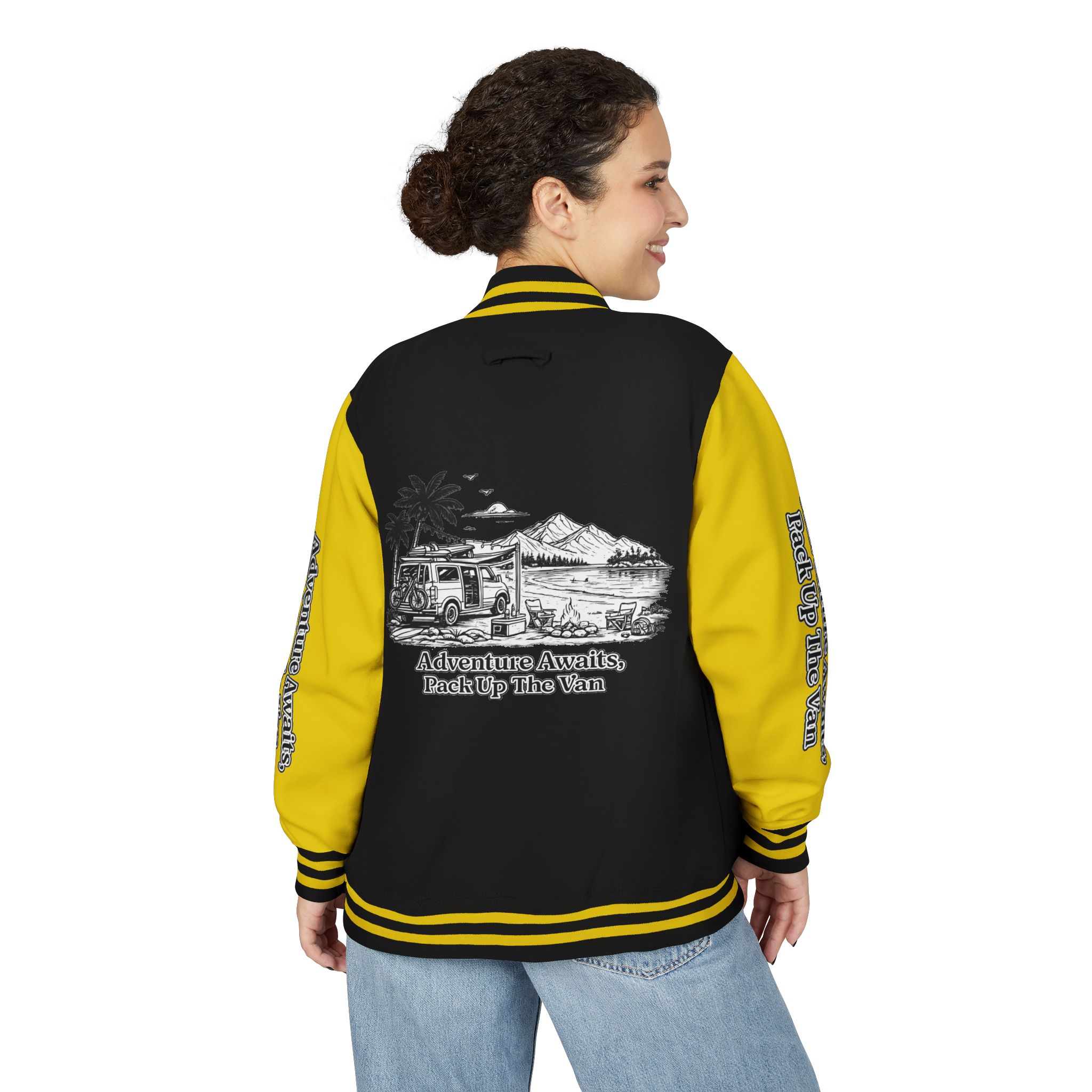 Unisex Heavyweight Letterman Jacket — "Adventure Awaits,Pack Up The Van" Travel Varsity Coat