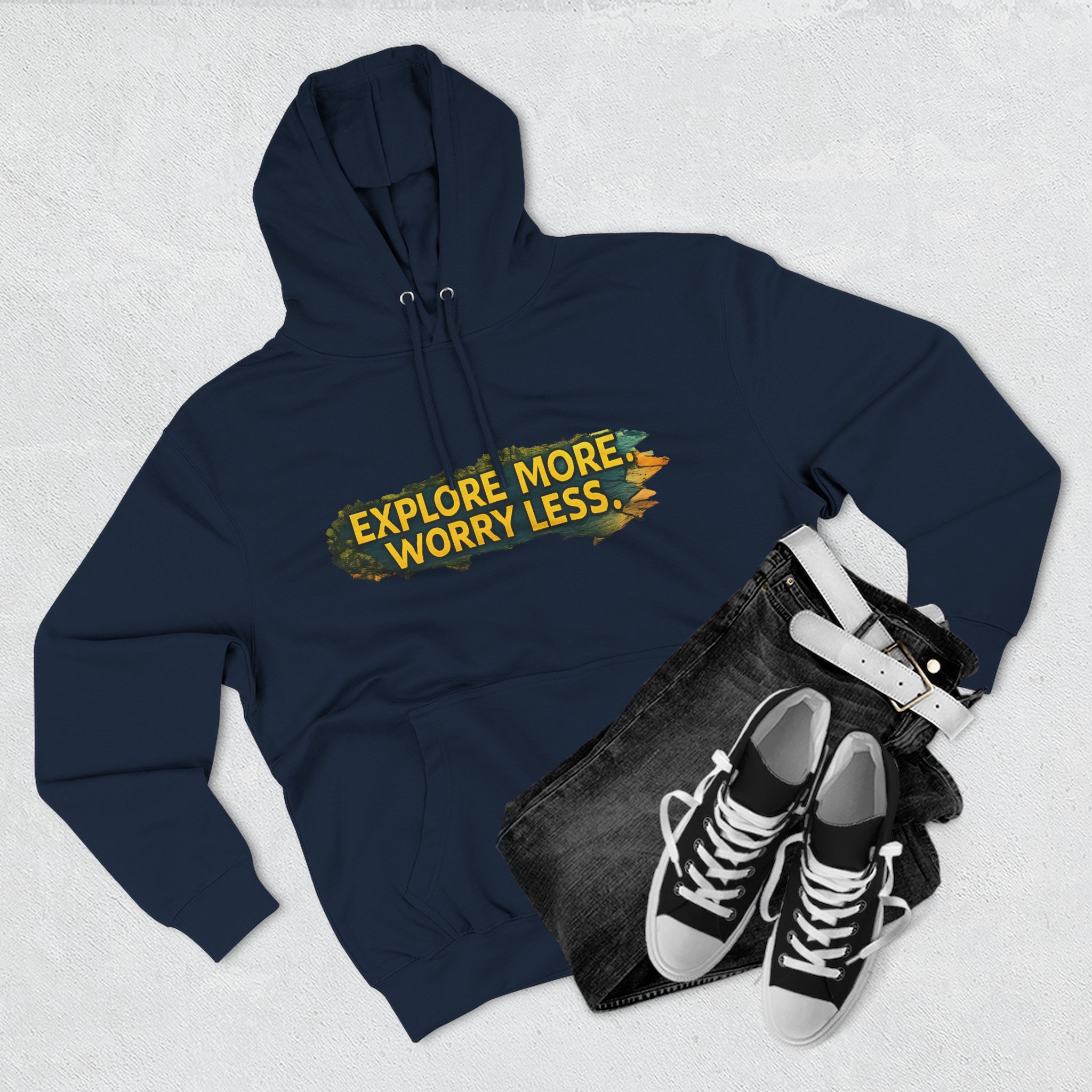 10995646120793825344_2048.jpeg Three-Panel Fleece Hoodie - "Explore More Worry Less" Design Cubic-Line