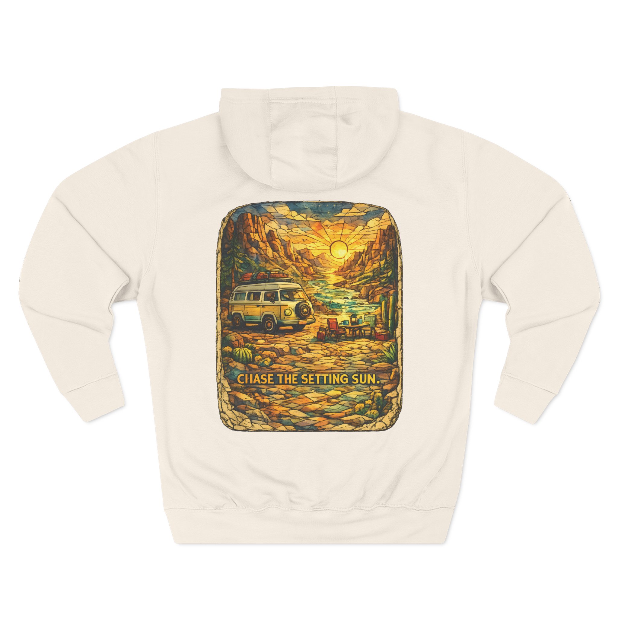 Three-Panel Fleece Hoodie - "Chase The Settings Sun" Design Cubic-Line