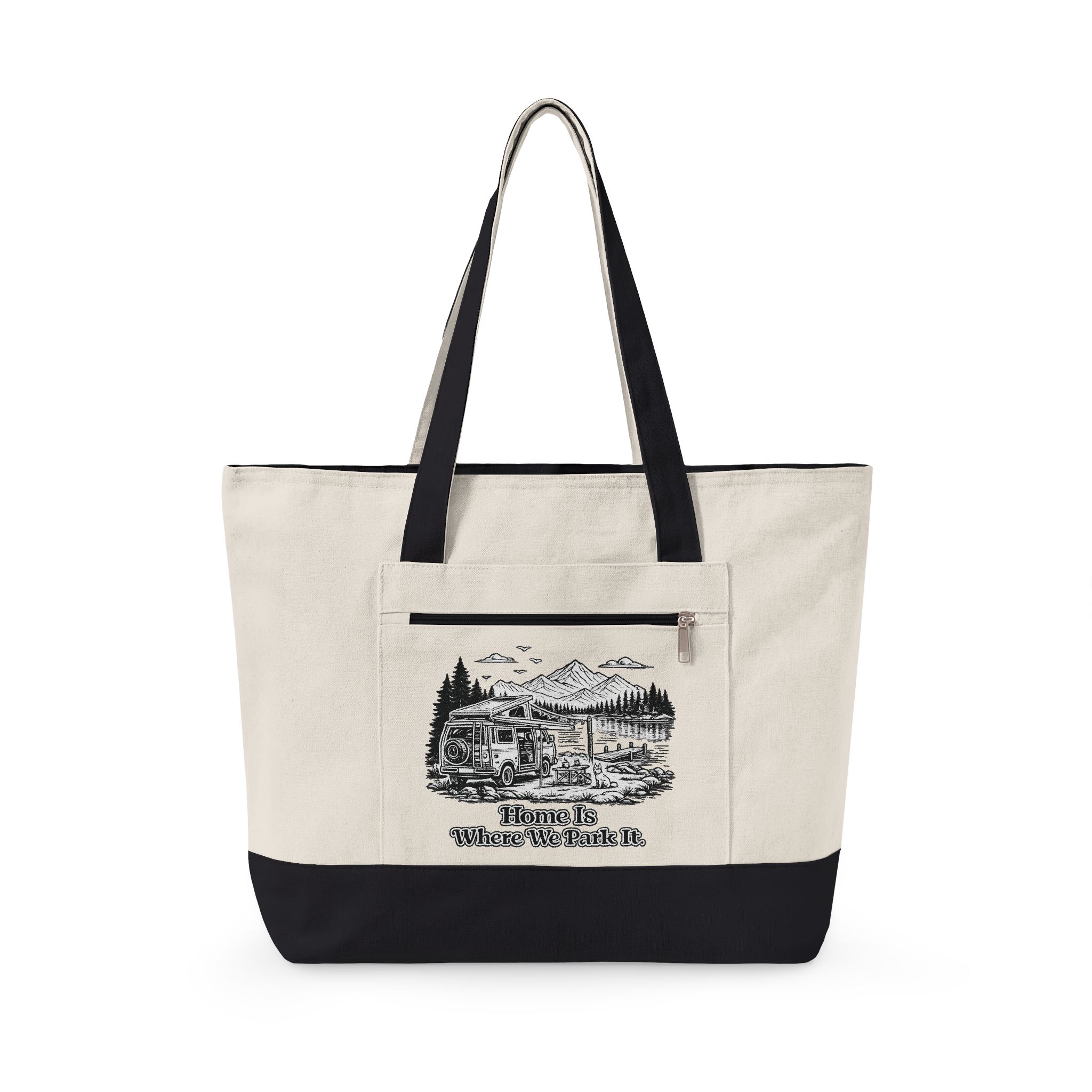 Zippered Canvas Tote — "Home Is Where You Park It" (Design Minimal-Line)
