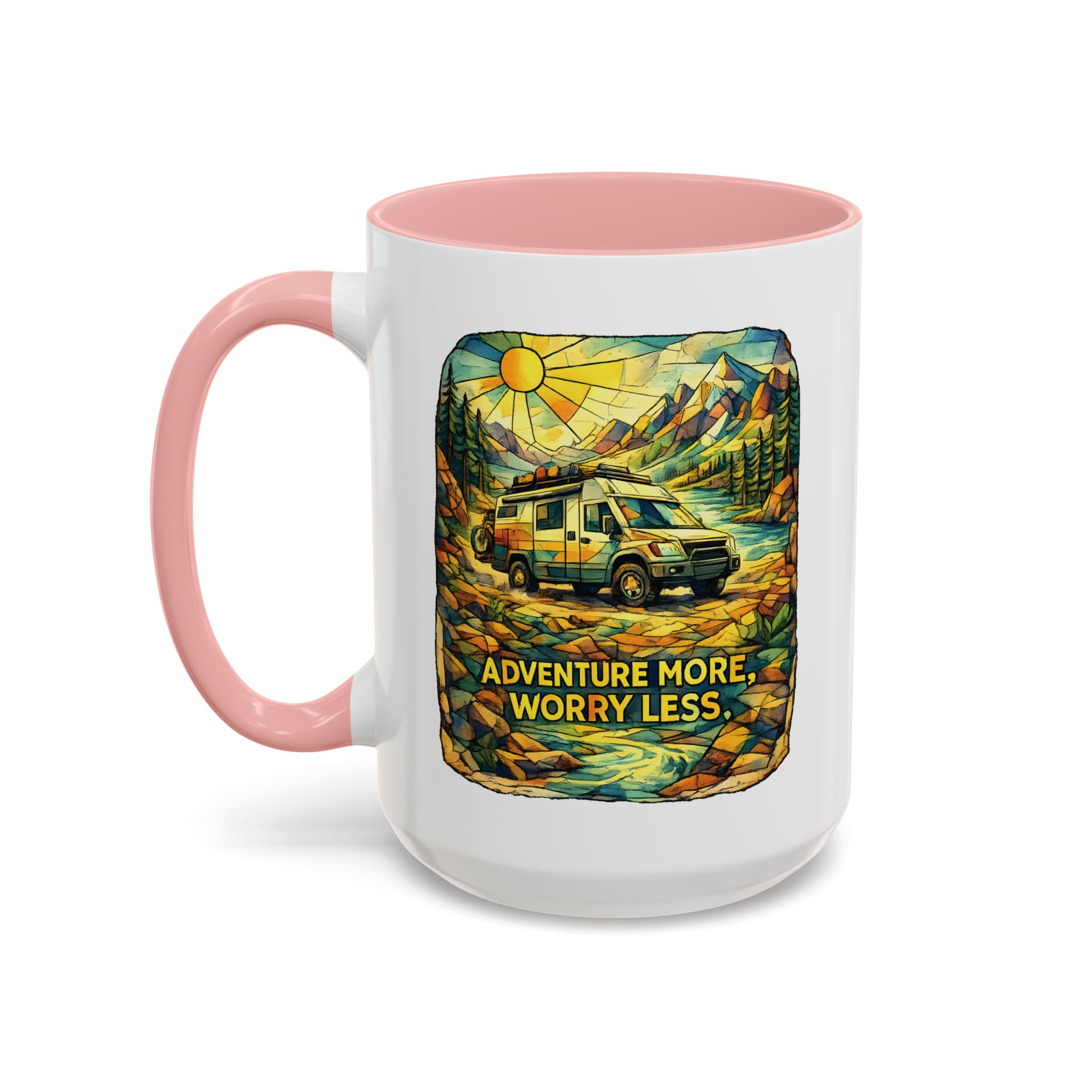 Accent Coffee Mug (11, 15oz) — "Adventure More Worry Less" Design Cubic-Line