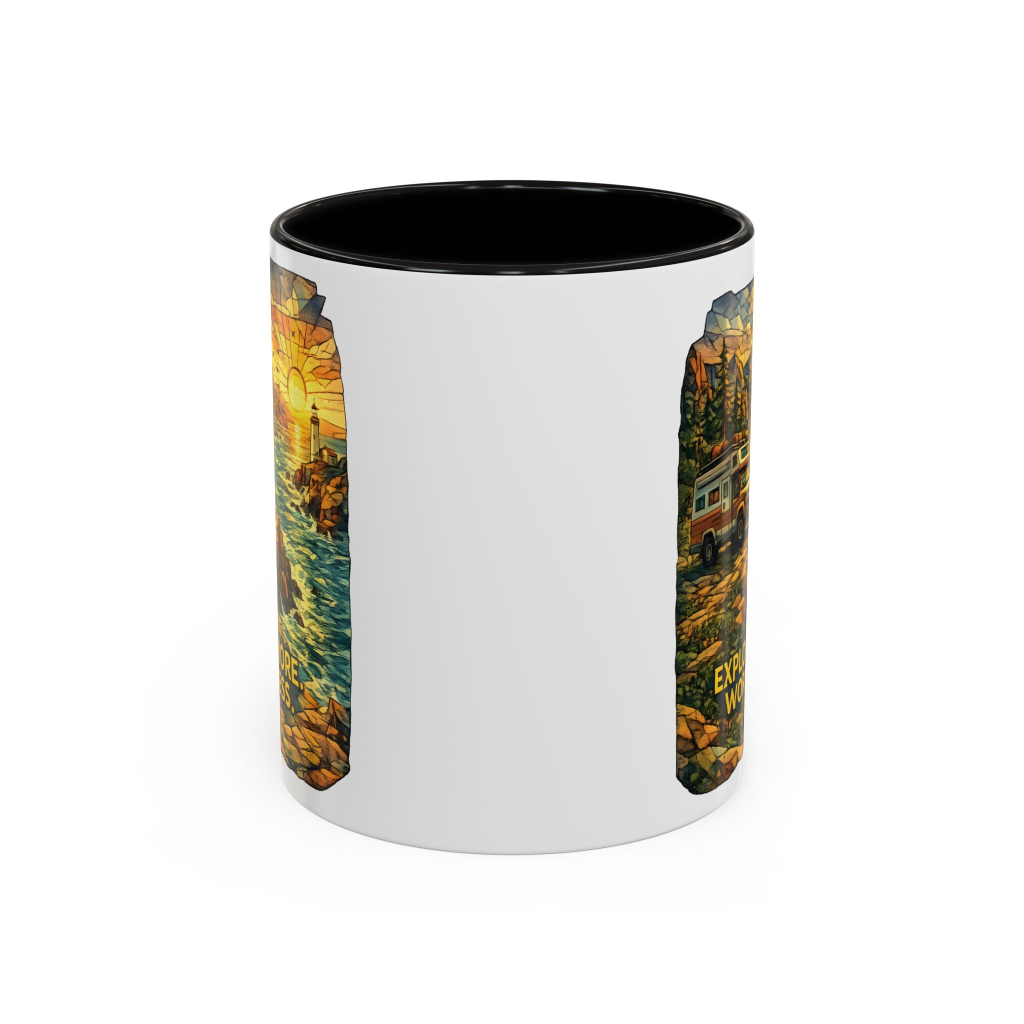 Accent Coffee Mug (11, 15oz) — "Explore More Worry Less" Design Cubic-Line