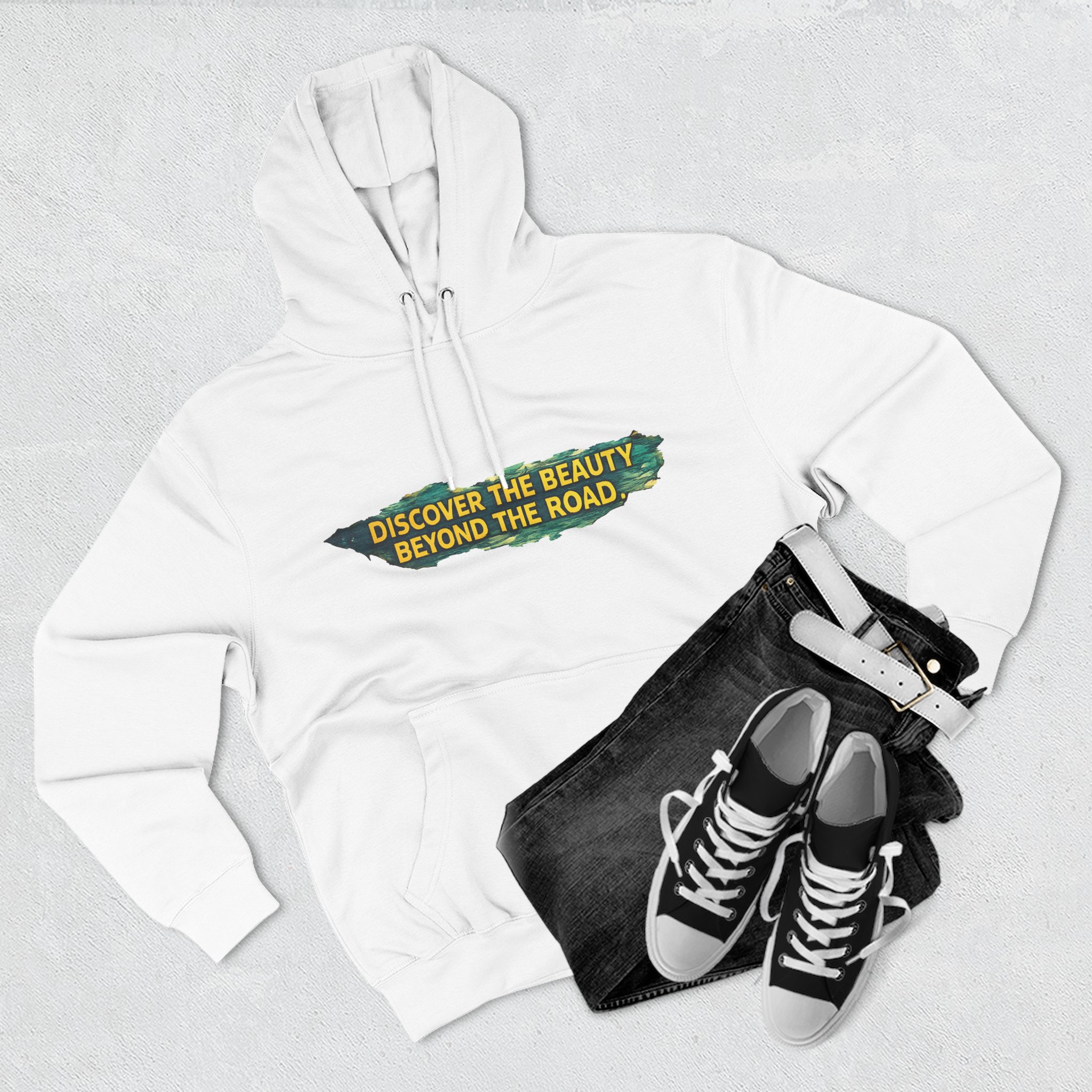 Three-Panel Fleece Hoodie - "Discover The Bieuty Beyond The Road" Design Cubic-Line