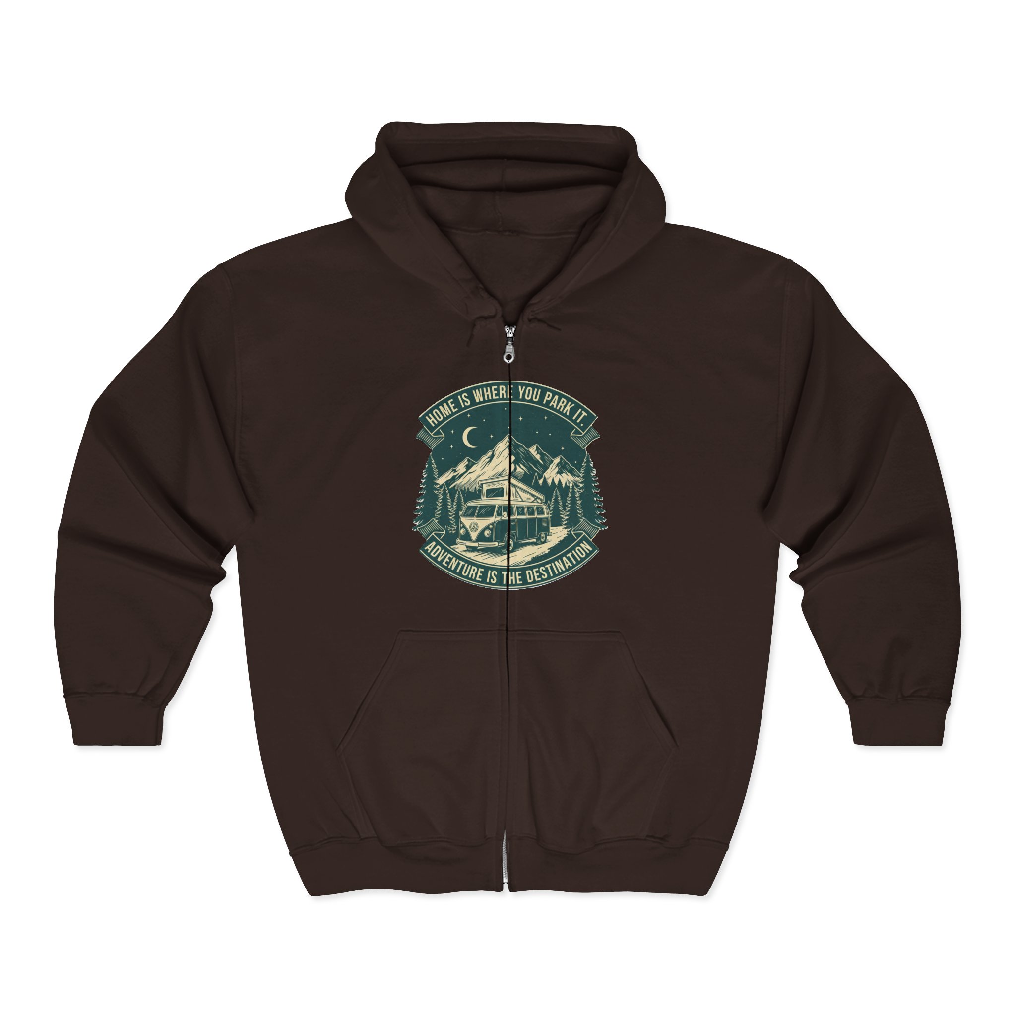 Zip Hoodie — "Home Is Where You Park It-Adventure is the destination"(Only Front Printed) Camper Van Adventure Zip-Up