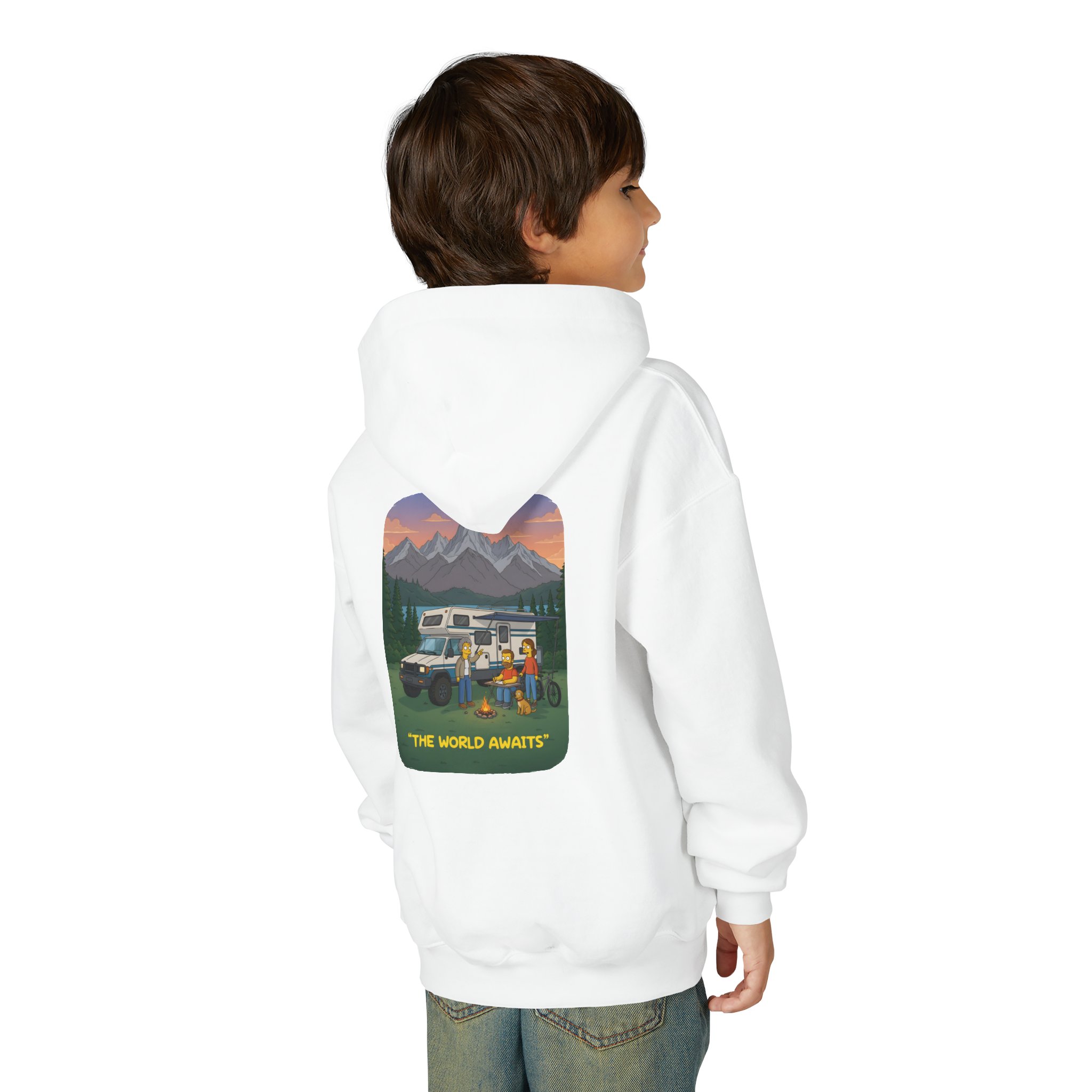Youth Hoodie(Gildan) – "The World Awaits" (Design Sitcom-Line)