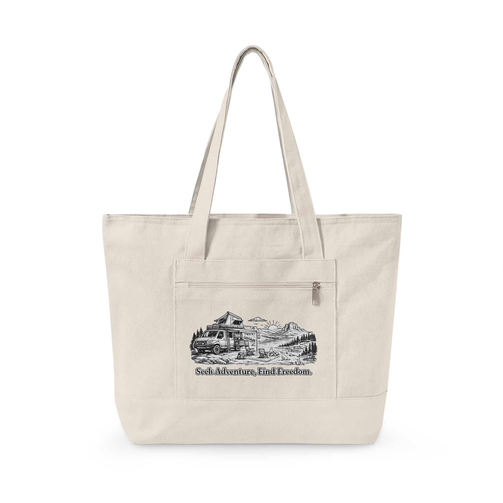 Zippered Canvas Tote — "Seek Adventure, Find Freedom" (Design Minimal-Line)