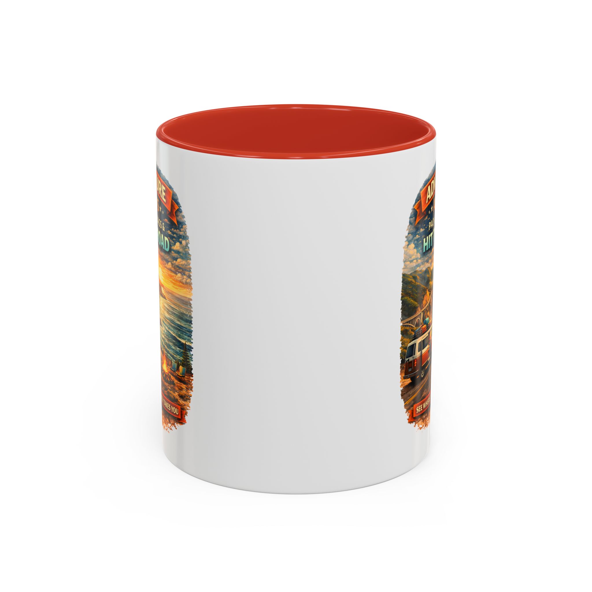 Accent Coffee Mug (11, 15oz) — "Adventure Awaits-Pack Your Bags" Design Scenic-Line