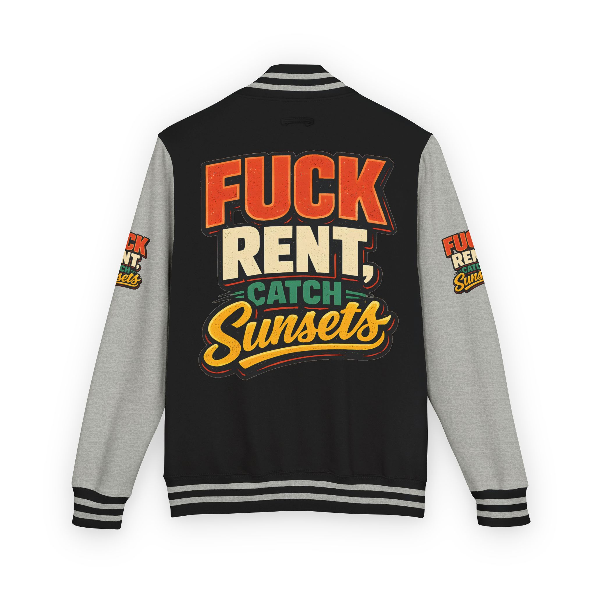 11051149474460597807_2048-2.jpeg Unisex Heavyweight Letterman Jacket — "Fuck Rent Catch Sunsets" Design F**K-Line